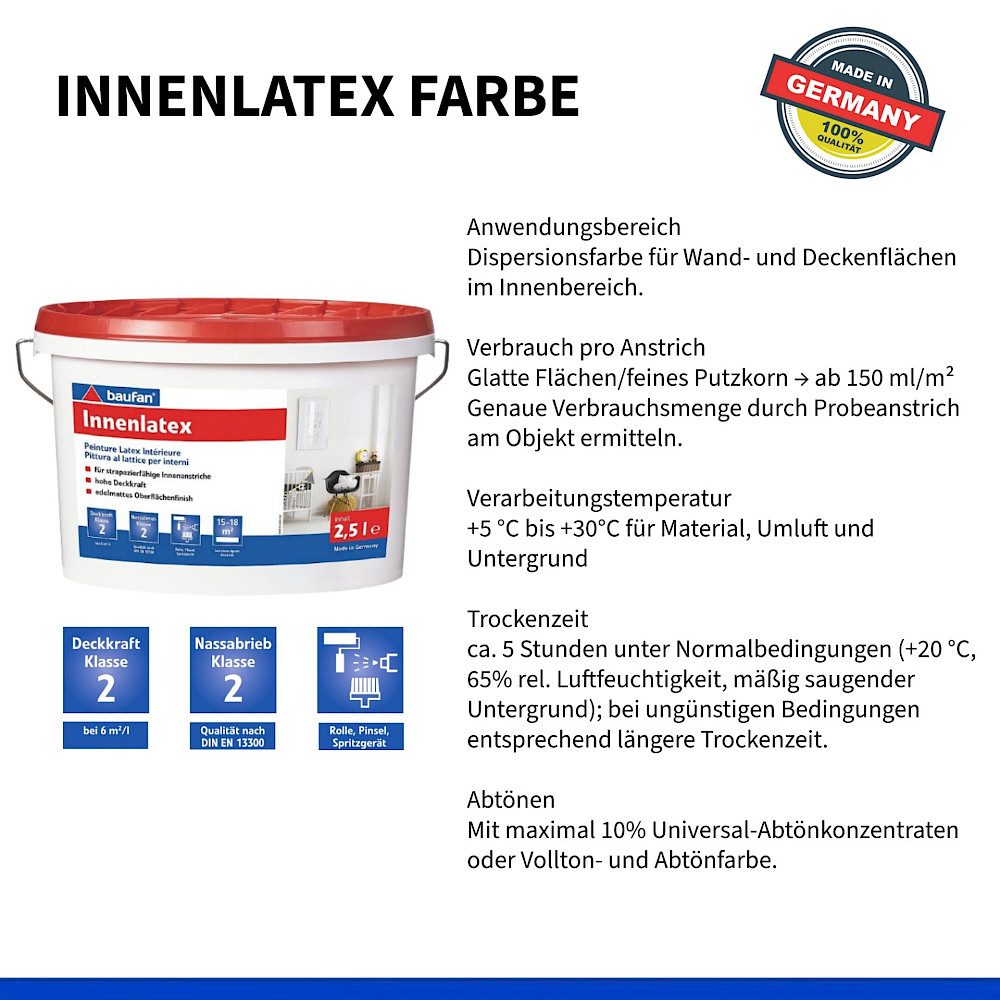 baufan® Latexfarbe Innenlatex 2,5 - 5 l matt weiß Innenanstrich Wandfarbe, weichmachernfrei, wdelmatt, spritzbar & nassabriebbeständig