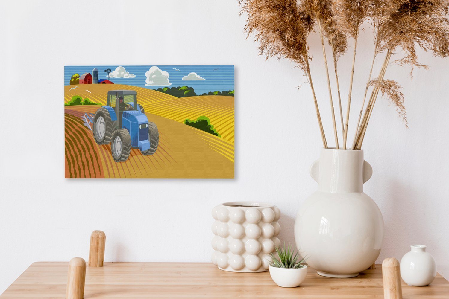 OneMillionCanvasses® Leinwandbild (1 30x20 cm St), Wanddeko, Leinwandbilder, Wolken, Traktor - Wandbild Landwirt - Aufhängefertig