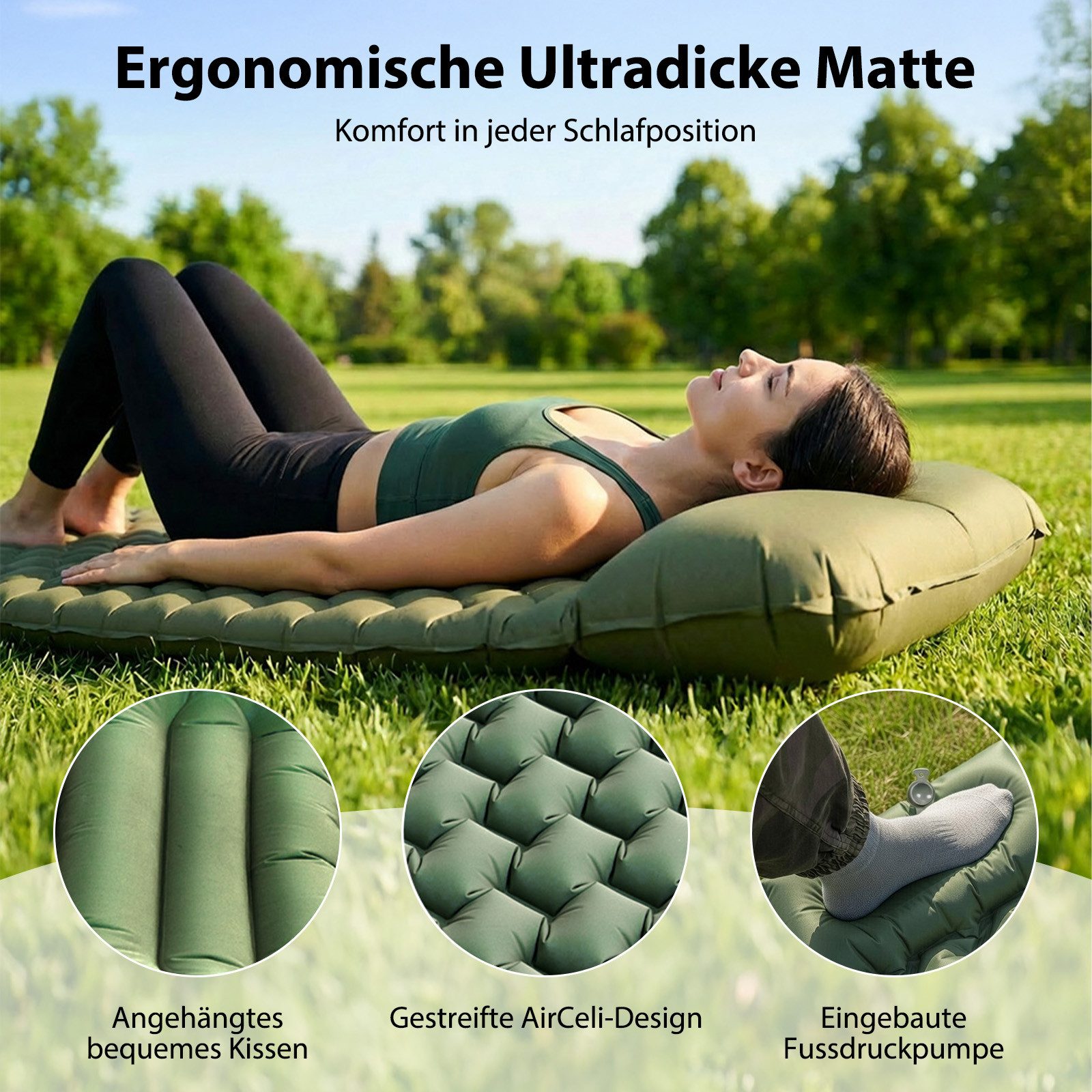 AKKEE Isomatte Outdoor, Isomatte Camping Outdoor, Isomatte Ultraleicht 200 x 66 cm, Outdoor Camping Schlafmatte Aufblasbar Sleeping Pad