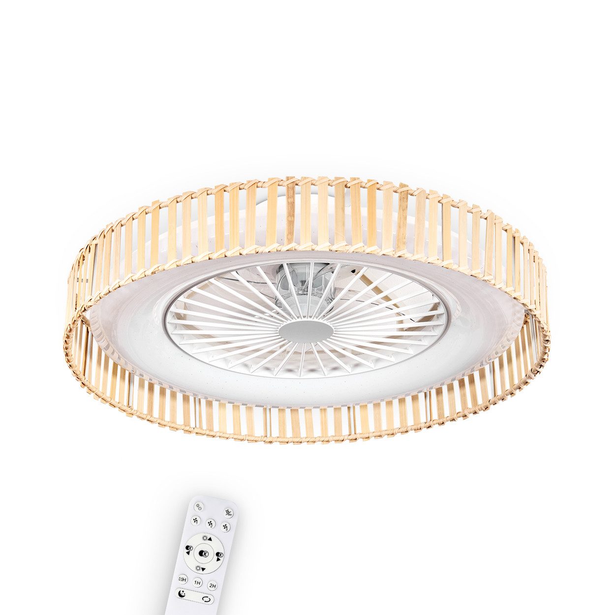 hofstein Deckenventilator Ventilator aus Kunststoff/Holz in Weiß/Natur/Glitzereffekt, Ø 55cm, Boho Leuchte, Fernbedienung, 40W, 1700 Lumen, 3000-6500 Kelvin, CCT
