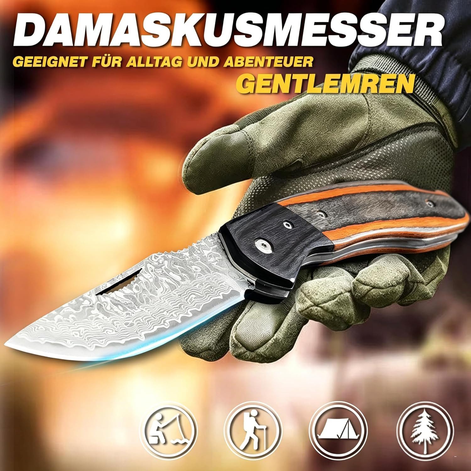 KingLux Damastmesser Damast Taschenmesser Klappmesser mit Damaststahl,Messerscheide Leder