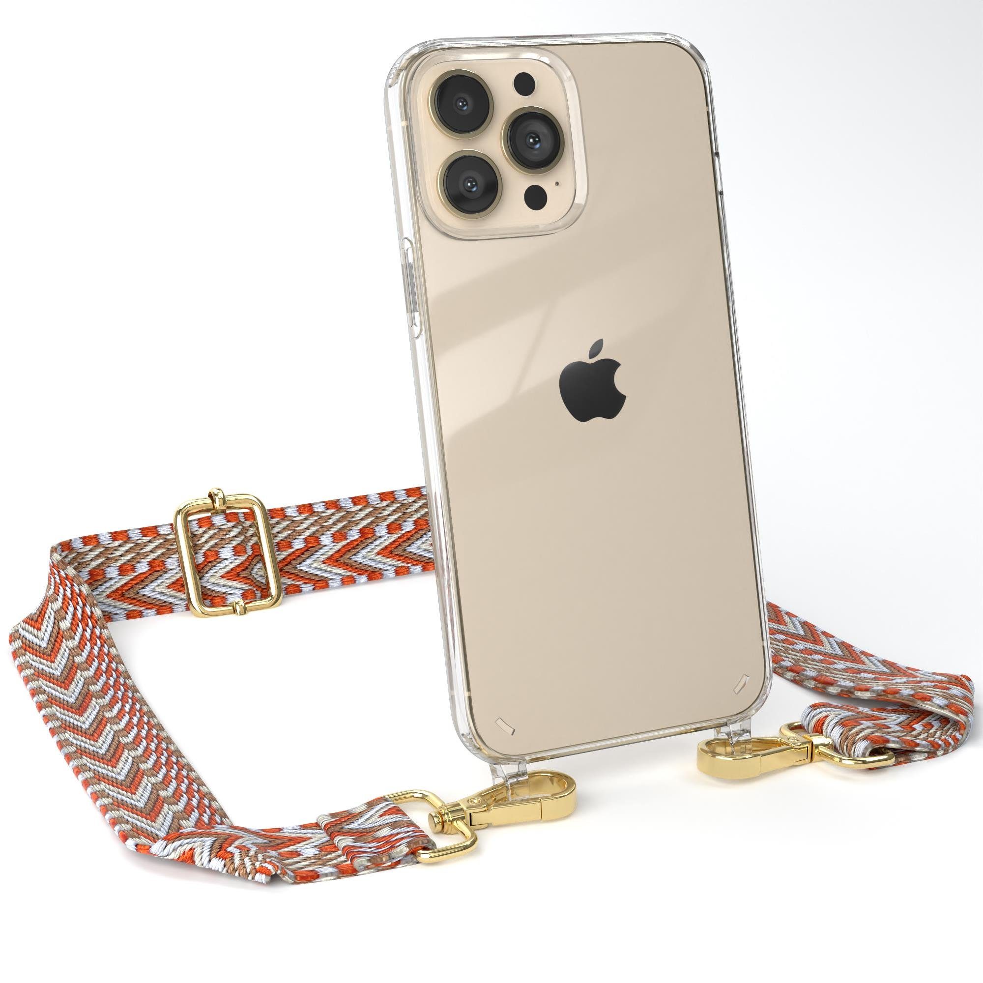 EAZY CASE Handykette Boho Umhängeband für Apple iPhone 13 Pro Max 6,7 Zoll, Farbenfrohes Handyband für Festival Konzert Handykette Karabiner Gold