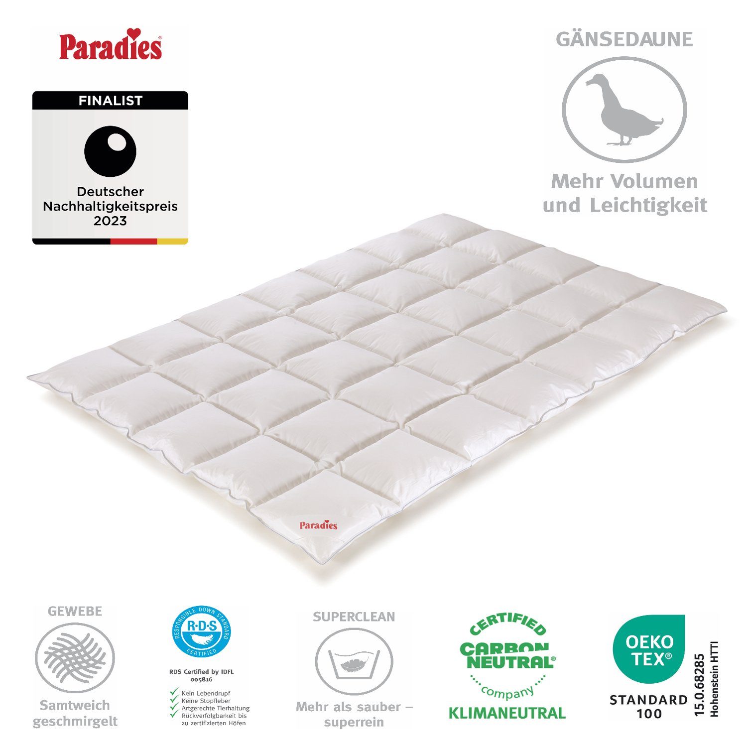 Paradies Daunenbettdecke Paradies Gänsedaunen Bettdecke Daunendecke Galia leicht warm 135x200, Füllung: 90% neue weiße Gänsedaunen Klasse1, 10% neue weiße Gänsefederchen Klasse1, super Clean, Bezug: 100% Baumwolle ohne optische Aufheller