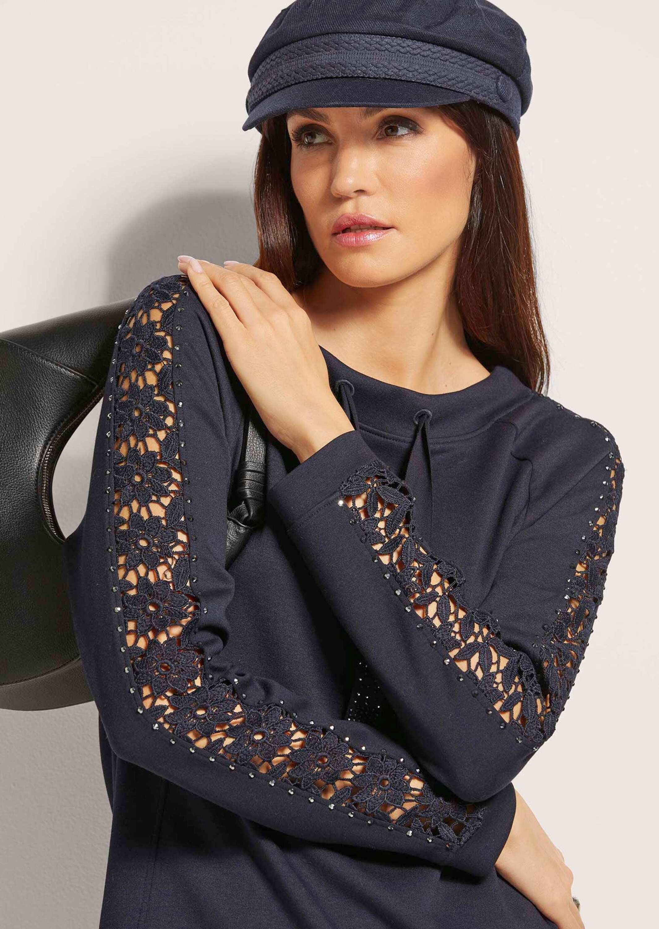 MADELEINE Midikleid Stretch-Kleid mit Spitze und Strass Jersey-Kleid mit Rundhalsausschnitt, Taschen