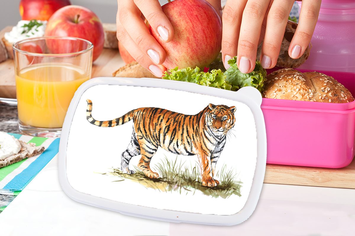 Snackbox, Weiß, Kinder, - Kunststoff, Erwachsene, rosa Mädchen, Gras Brotdose - MuchoWow Tiger Brotbox Kunststoff für (2-tlg), Lunchbox