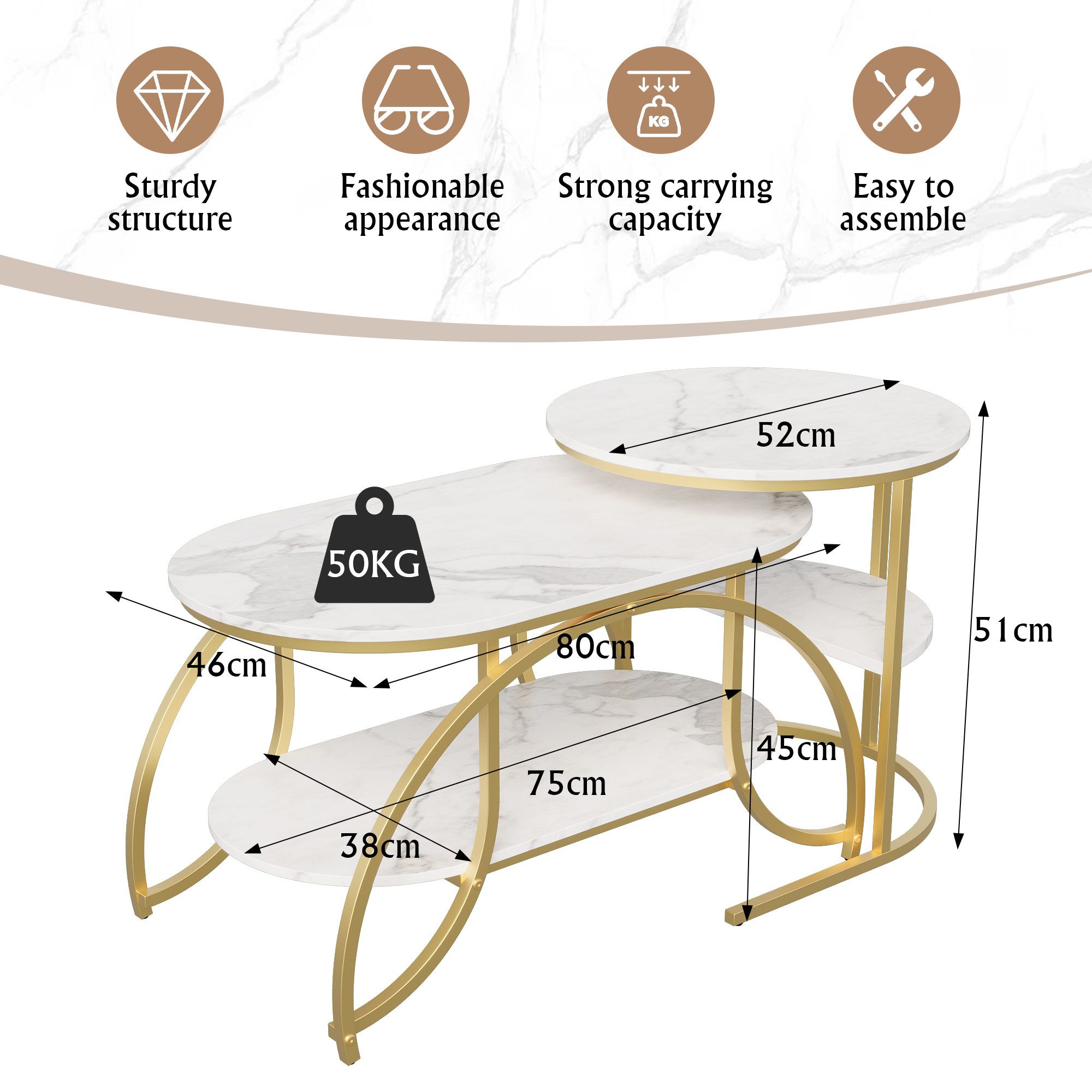 Gdood Couchtisch Rund Kaffeetisch Beistelltisch Satztische 2er Set (2-St., Ideal für Wohnzimmer & Büro, Platzsparendes stapelbares Design), Mit Marmormuster Tischplatte, 80 x 46 x 45 cm + 52 x 51 cm