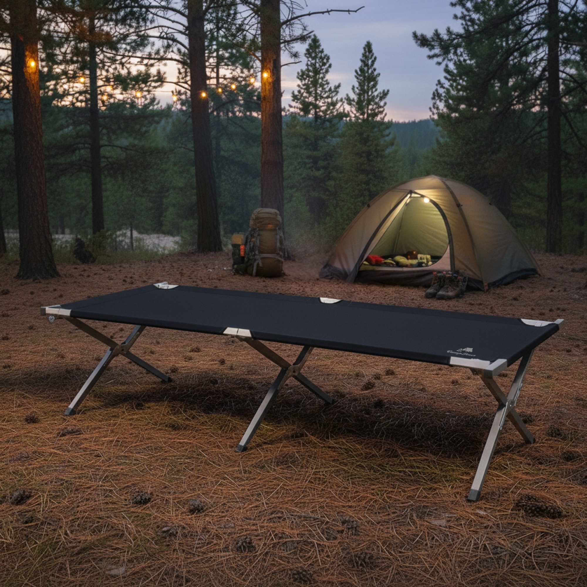 CampFeuer Gartenliege Feldbett mit Tragetasche, Schwarz, Belastbar bis 180kg