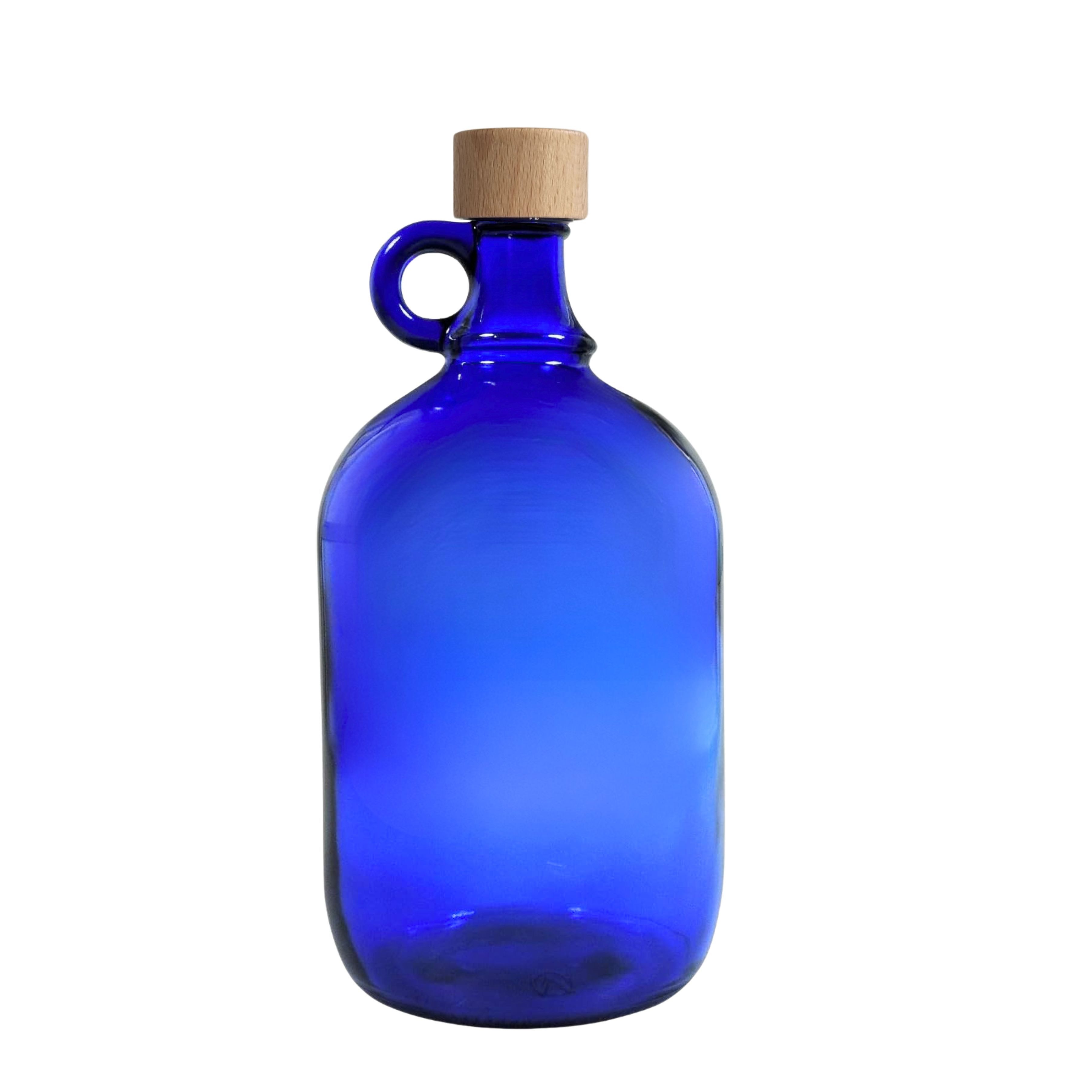 mikken Trinkflasche Glasflasche 2000 ml blaue Weinflasche Wasserflasche Gallone, Deckel aus Aluminium / lackiertem Holz, 2 Liter Flasche