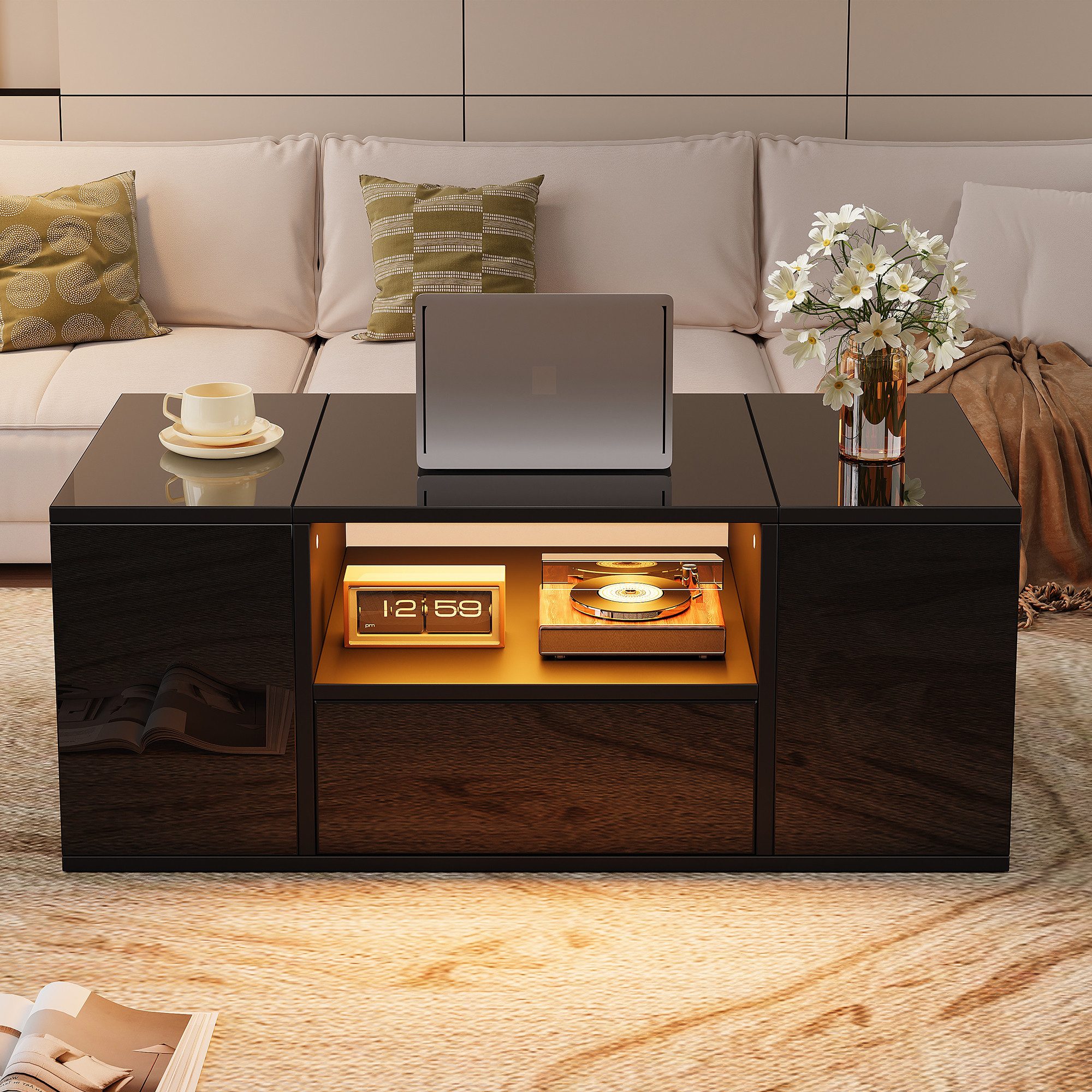 Merax Couchtisch Sofatisch Beistelltisch mit LED-Beleuchtung (100x50x40cm, 1-St), Wohnzimmertisch mit Schublade, Staufächern & 2 verdeckte Stauraum – Bild 3 von 5