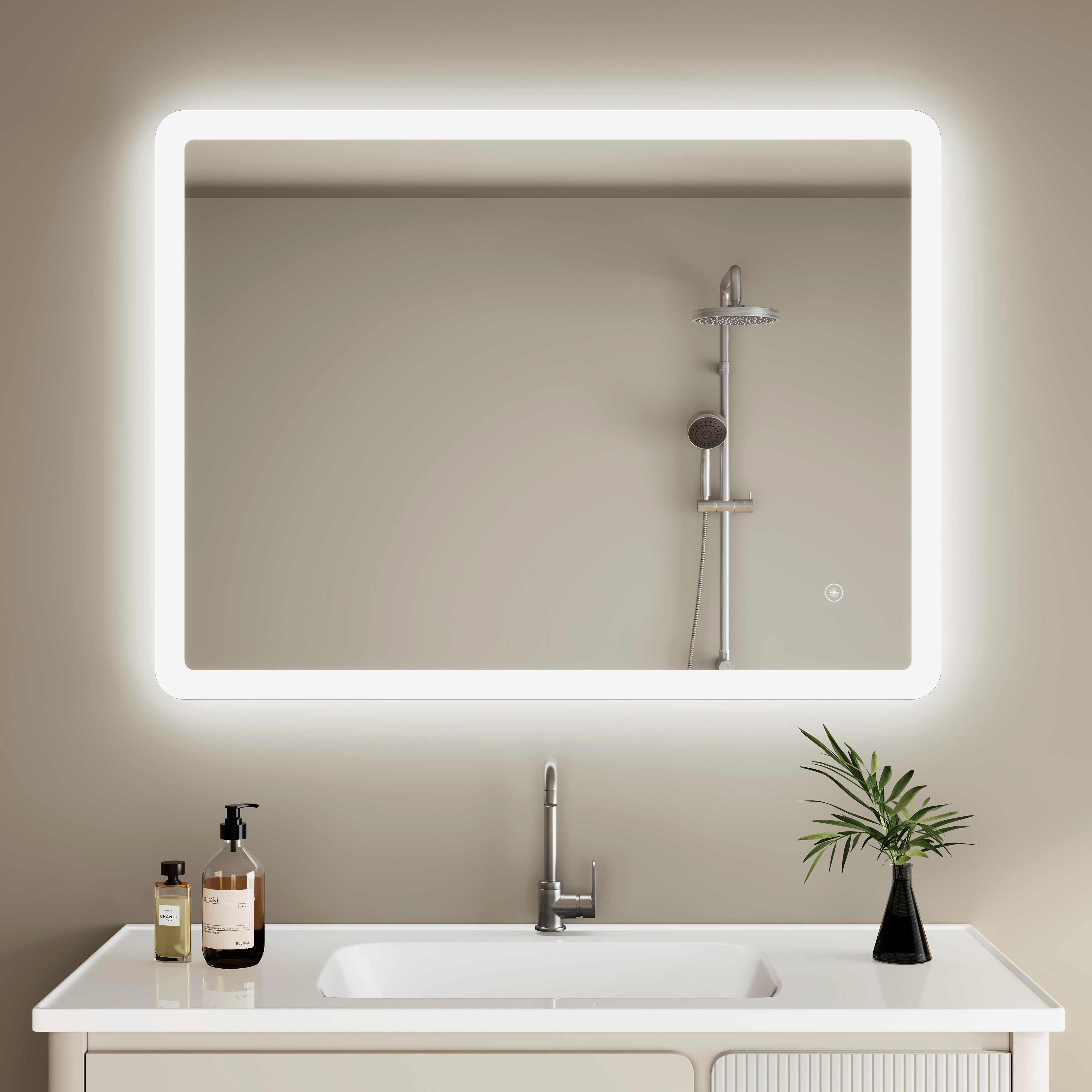 IMPTS Badspiegel Badezimmer Wand spiegel mit Beleuchtung Dimmbar-Funktion (Set, tageslichtweiß, IP44, Dimmbar, Vertikal/Horizontal Montage), Lichtspiegel Beschlagfrei Helligkeit Dimmbar Speicher Funktion