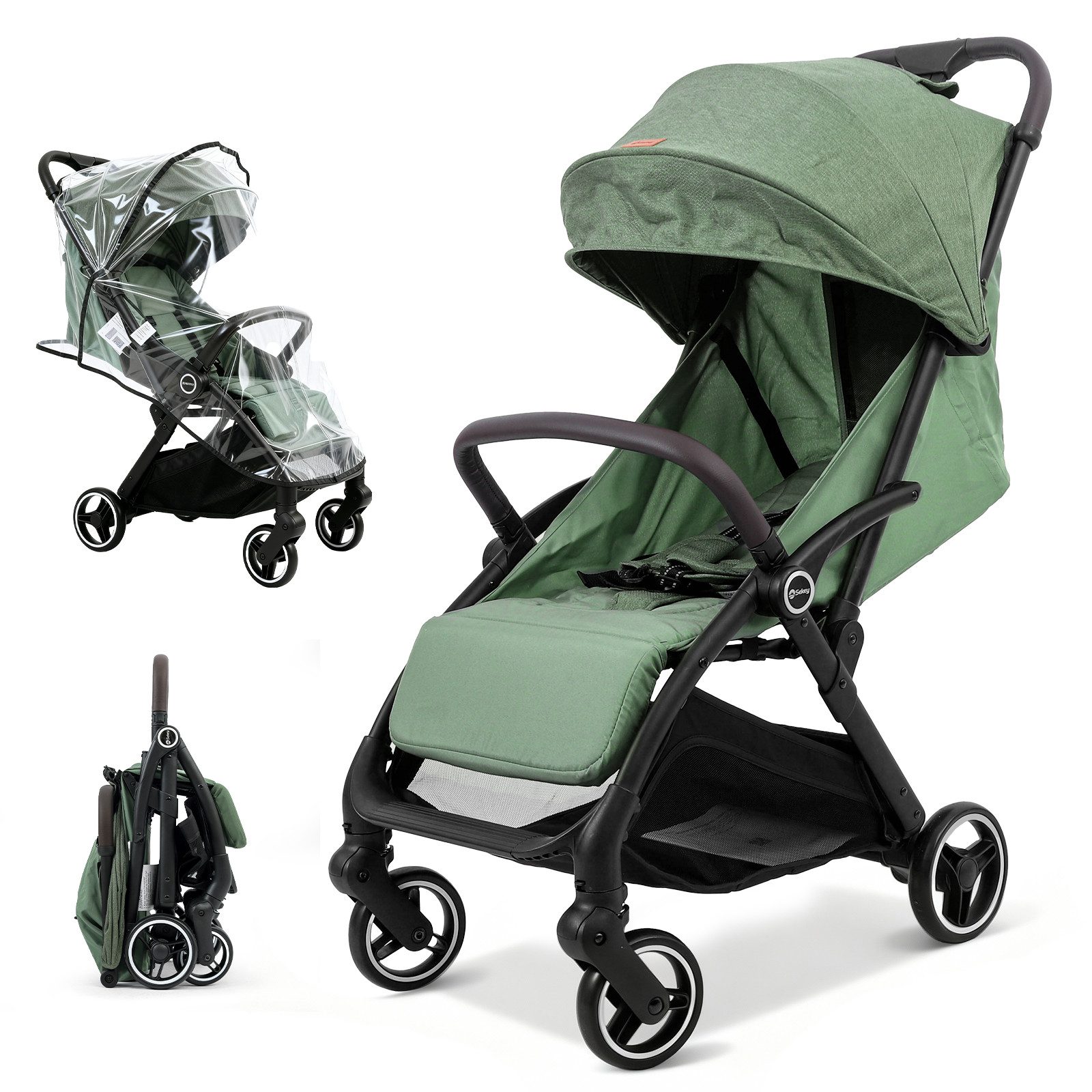 Sekey Kinder-Buggy mit Regenschutz, 3-fach verstellbar Reise Kinderwagen für Flugzeug, Einhand-Faltmechanismus, 4-Rad-Federung, 5-Punkt-Gurt, Sichtfenster