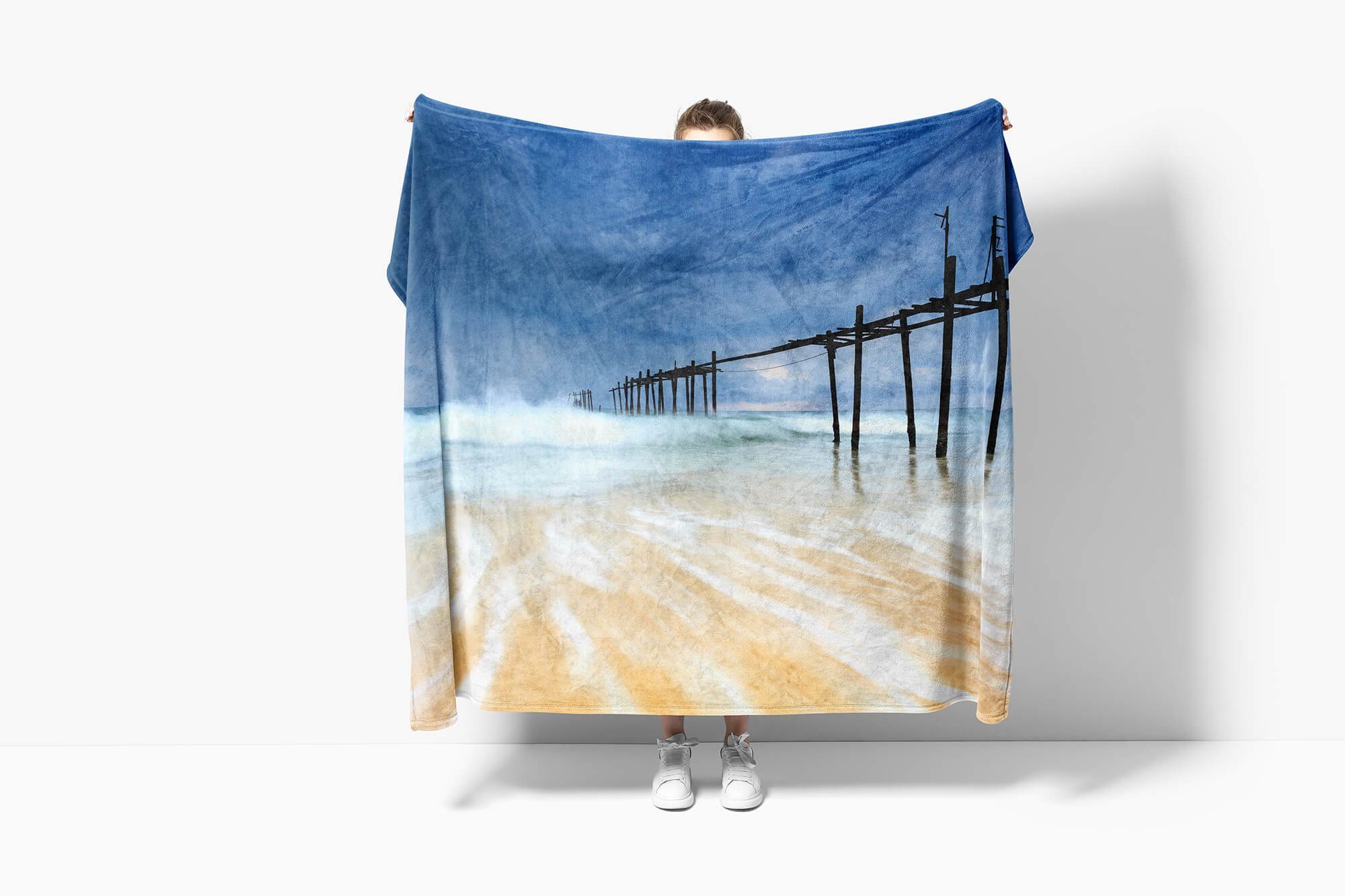 mit Art (1-St), Steg Handtuch Sinus Baumwolle-Polyester-Mix Strandhandtuch Saunatuch Fotomotiv Handtuch Handtücher Kuscheldecke Alter Meer St,