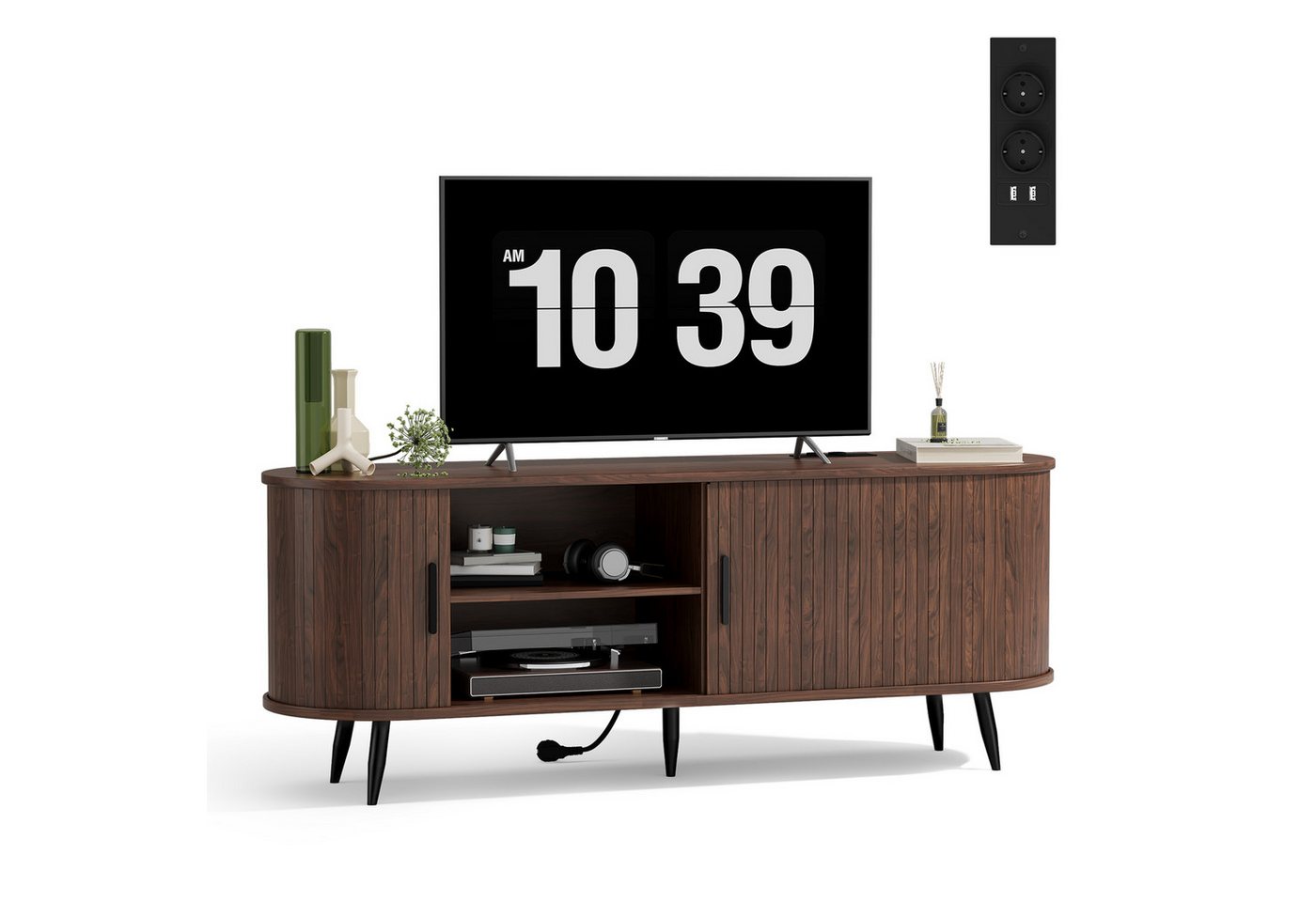 Blishom Lowboard TV-Lowboard mit Steckdosen und USB, 2 Türen, 4 Fächer mit verstellbaren Einlegeböden, 145 x 40 x 55 cm
