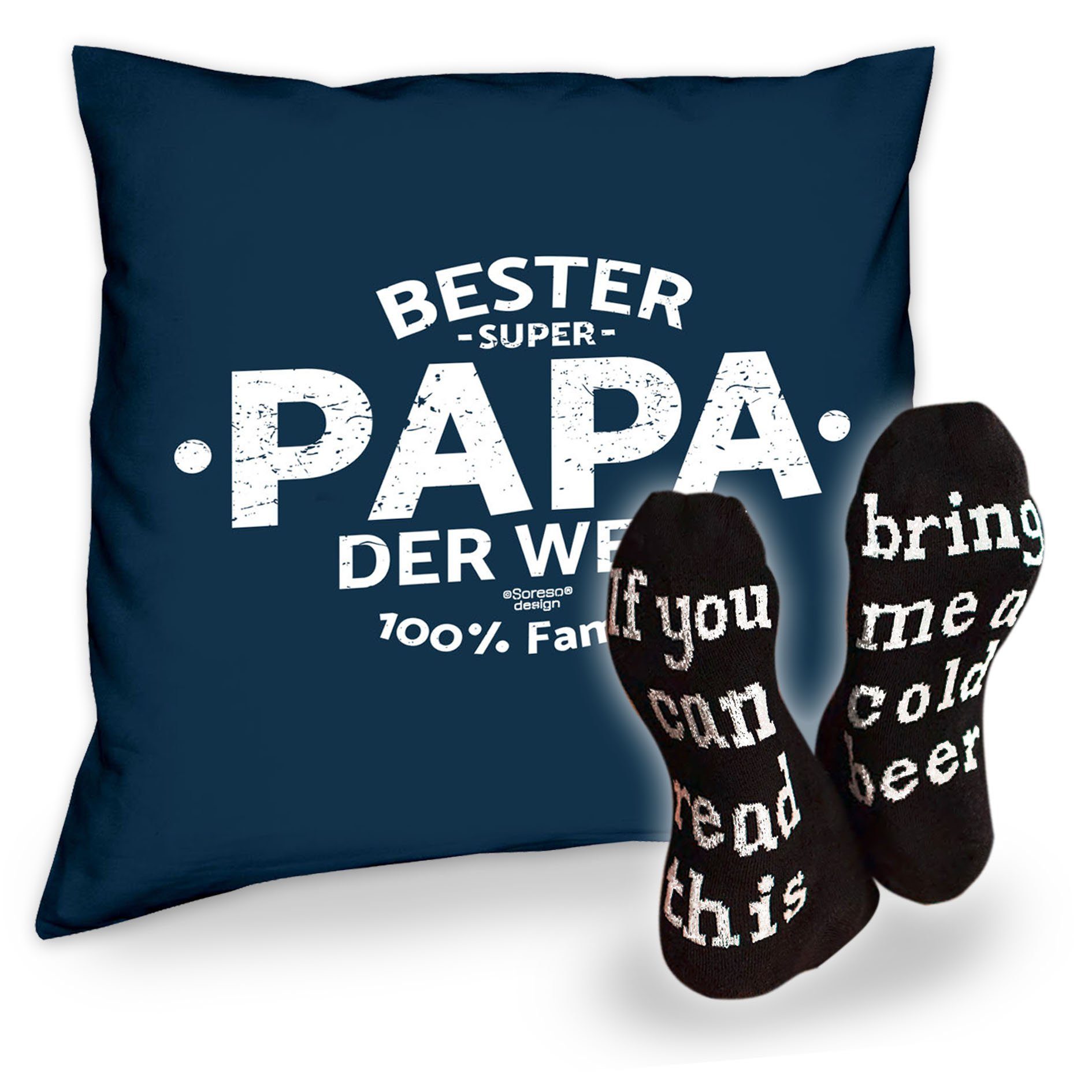 Soreso® Dekokissen Kissen Bester Papa der Welt und Socken mit Bier Spruch, Geschenkidee Weihnachtsgeschenk navy-blau