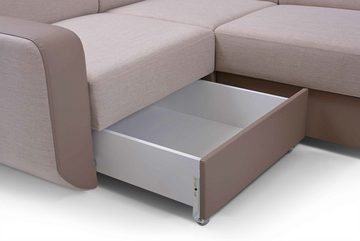 Furnix Wohnlandschaft Polstersofa in U-Form IMPERISIO-U mit Schlaffunktion 2x Bettkasten, verstellbare Kopfstützen, Duo-Optik Eco-Leder/Stoff, 389x85x188 cm