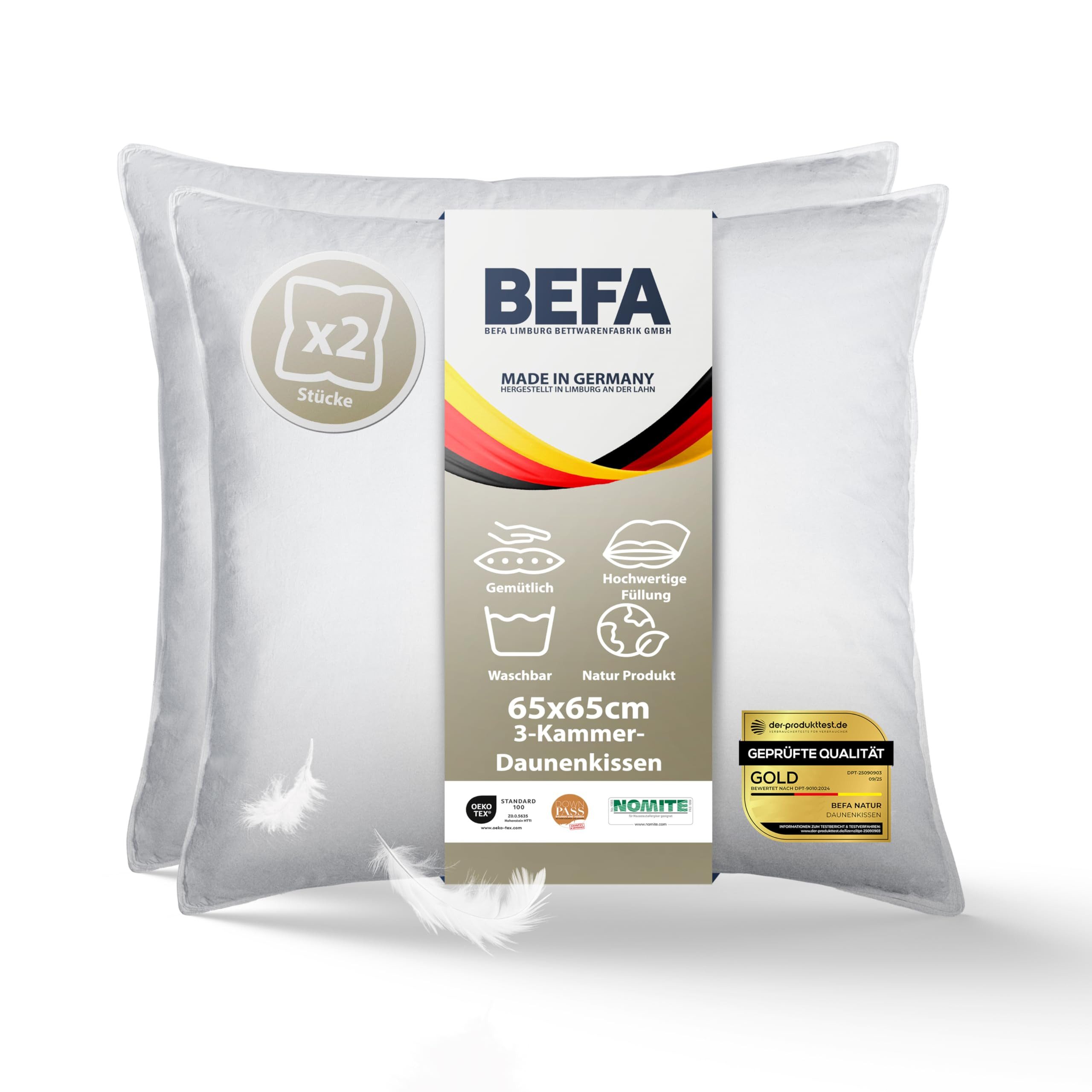 BEFA NATUR 3-Kammer-Kopfkissen TRÄUM SÜß - 3-Kammer-Kopfkissen Premium-Daunenkomfort, Füllung: Außen: 90% Daunen, 10% Federn - Innen: 100% Federn, Bezug: Baumwolle, Seitenschläfer, Rückenschläfer, Bauchschläfer, Spar-Set, Himmlisch weiche Premium-Daune für erholsamen Schlaf, Made in Germany