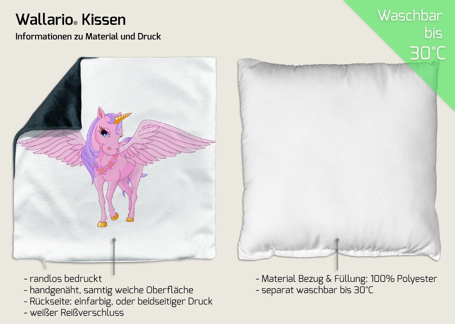 mit Einhorn Wallario großen handgenäht Dekokissen Rosa Flügeln,