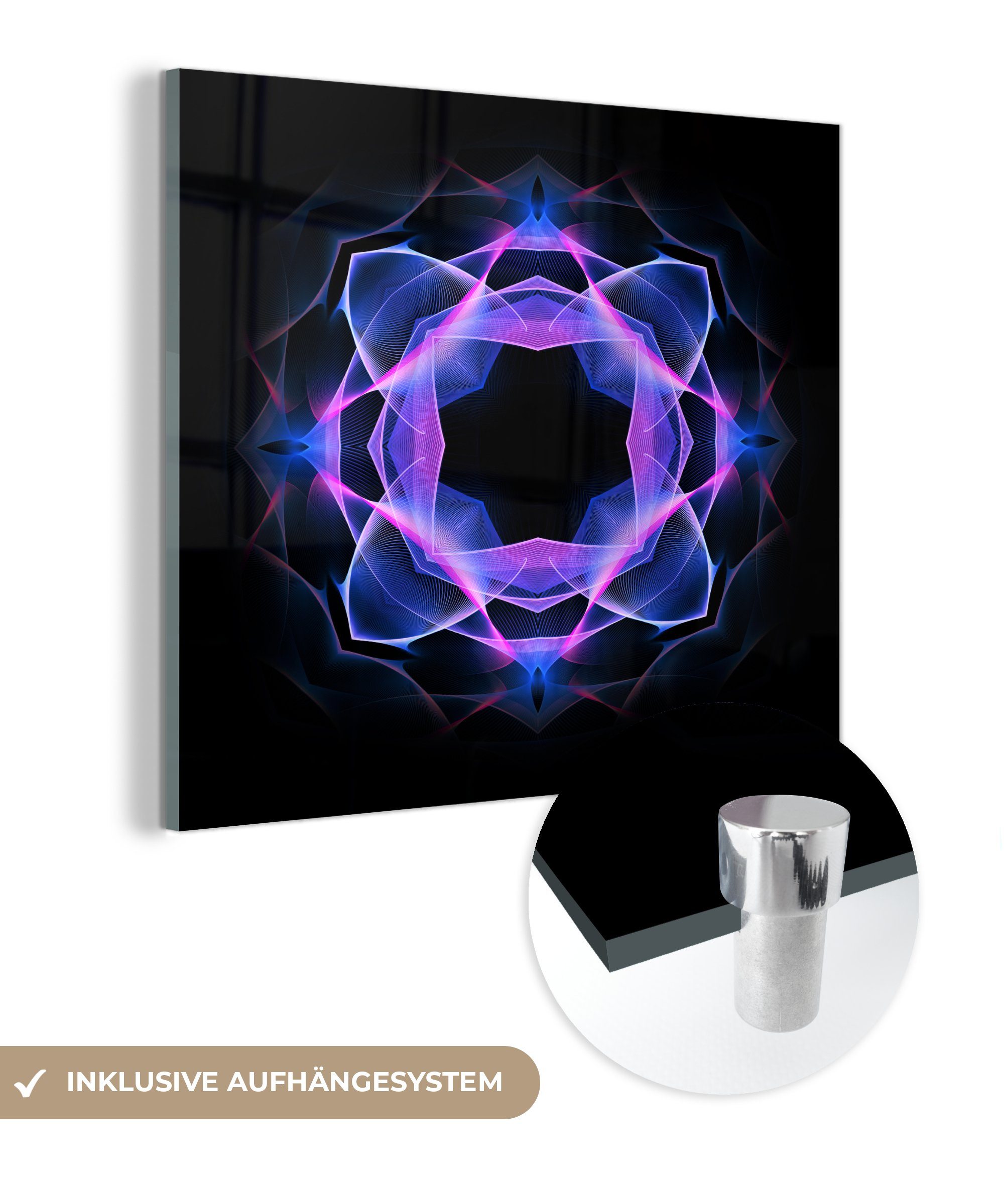 MuchoWow Acrylglasbild Blaues Neon-Mandala-Kaleidoskop-Muster auf Schwarz, (1 St), Glasbilder - Bilder auf Glas Wandbild - Foto auf Glas - Wanddekoration