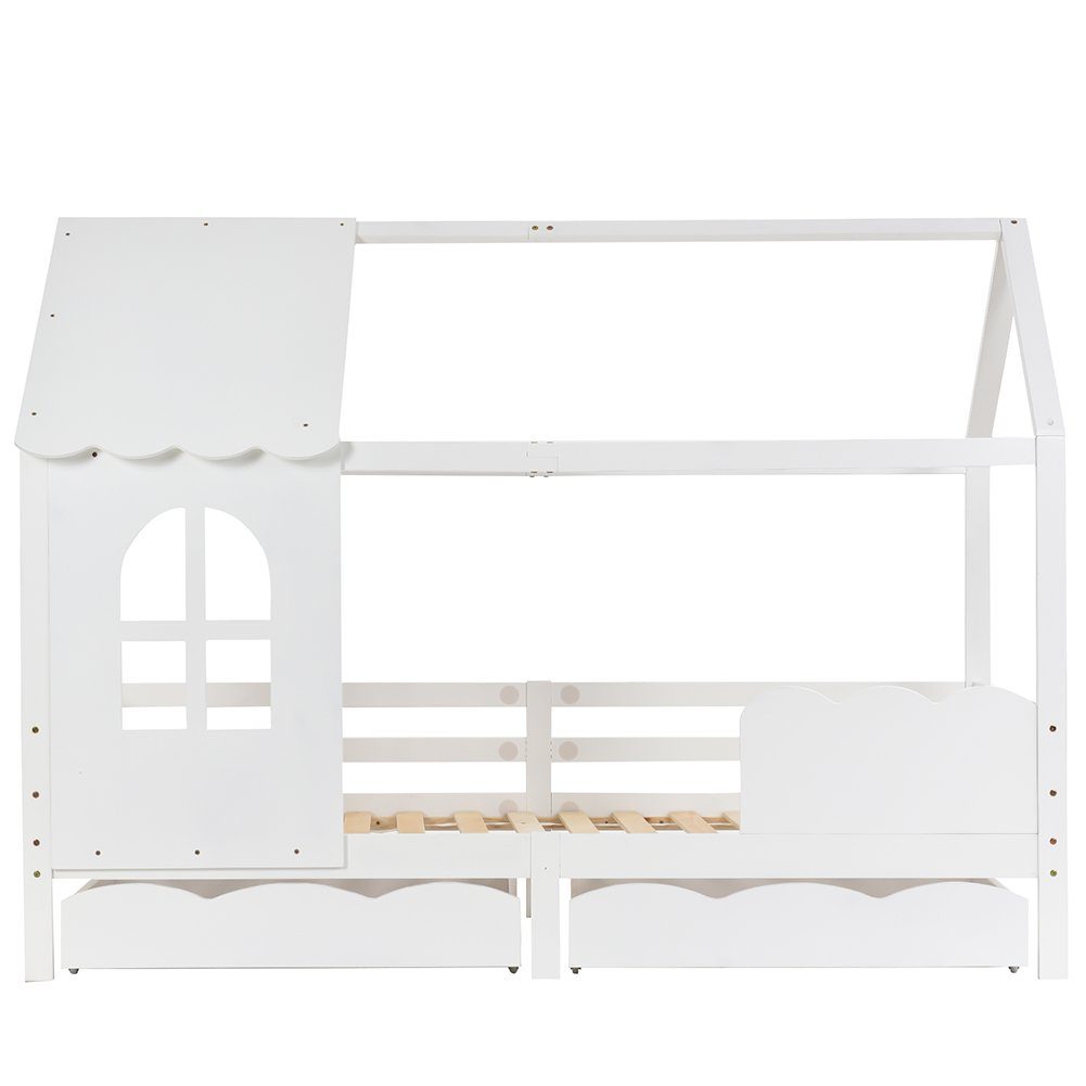 Hausbett (Kinderbett 200x90 cm), Jugendbett mit Rausfallschutz, 2 Schubladen und Lattenrost, Kiefer