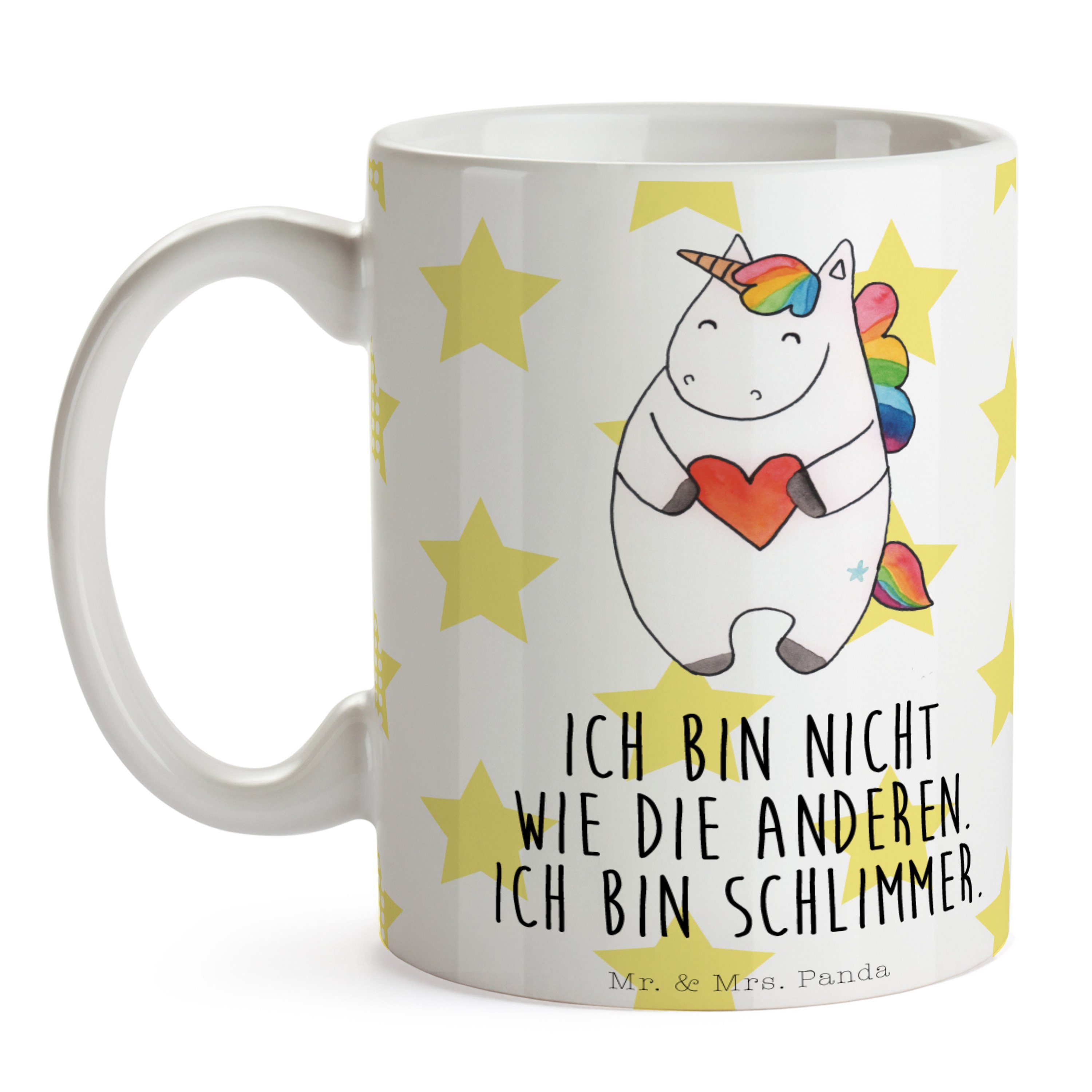 Mr. & Mrs. Gesche, - Einhörner, Tasse Keramik - Panda Weiß Herz bunt, Geschenk, Kaffeebecher, Einhorn