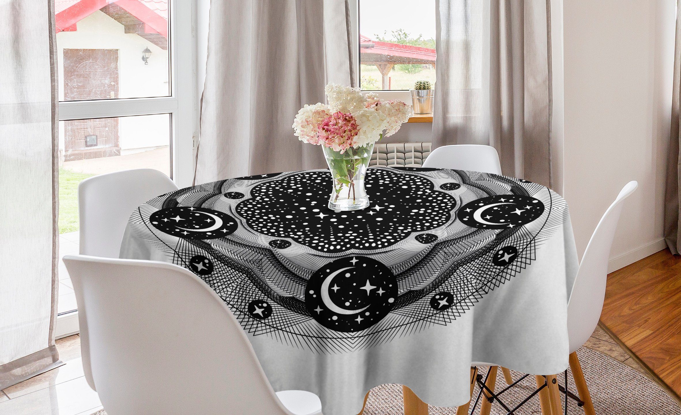 Abakuhaus Tischdecke Kreis Tischdecke Abdeckung für Esszimmer Küche Dekoration, Galaxy Mandala Starry Dots Crescent