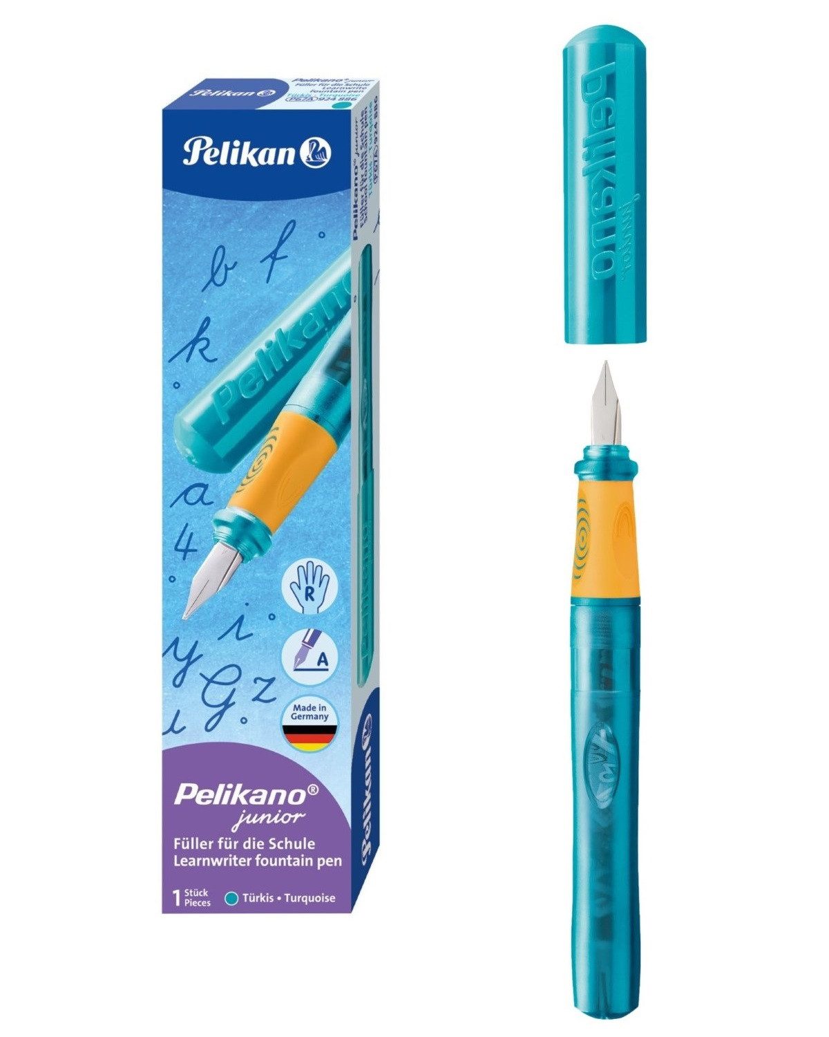 Pelikan Marker Pelikano Junior P67 Füller Feder A Türkis, Anfänger Rechtshänder Schulfüller Ergonomisch Spezial-Griffzone