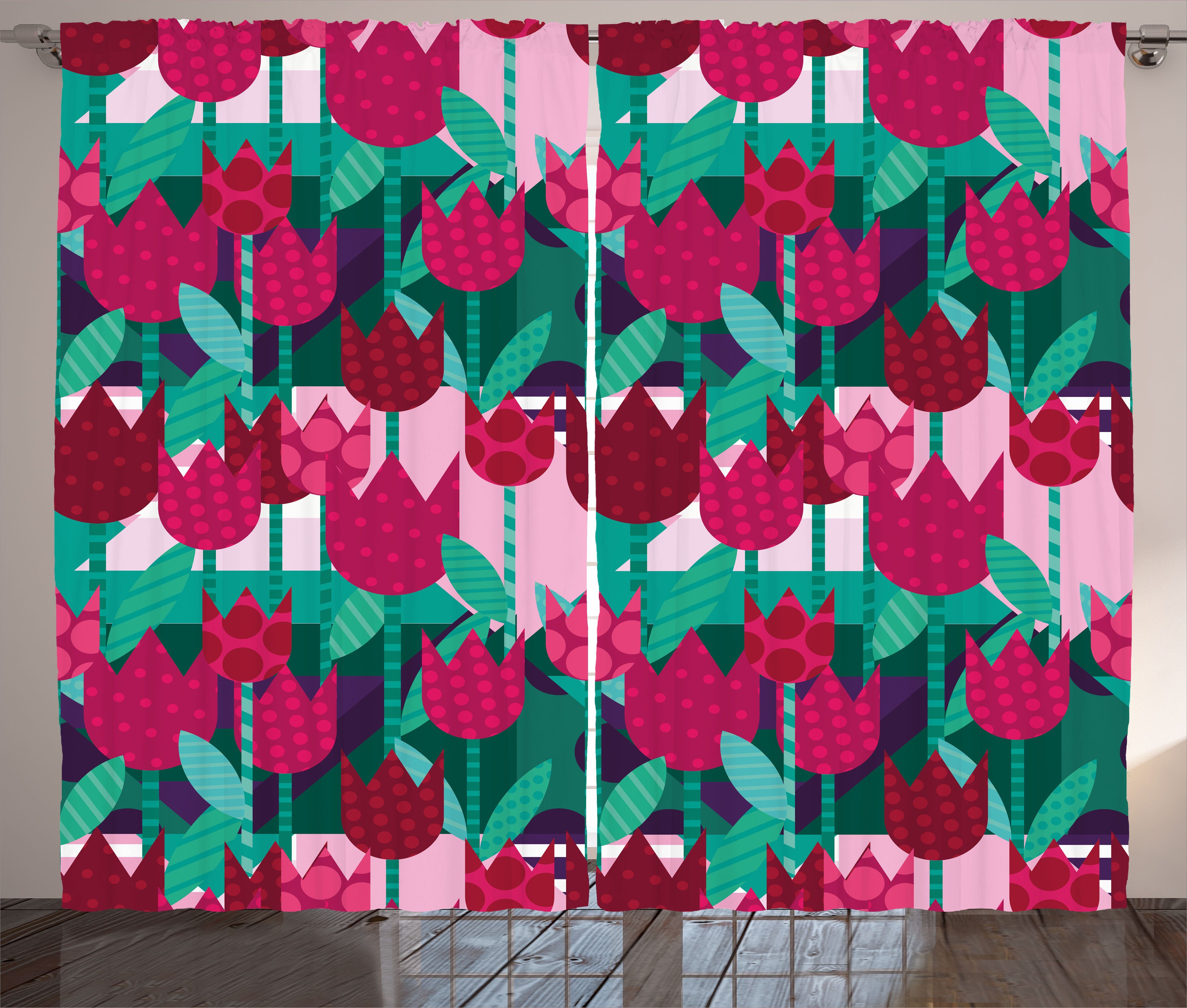 Abstrakte Blumen Abakuhaus, Vorhang Schlaufen Blumen Schlafzimmer Gardine Haken, mit Tulpen Kräuselband und
