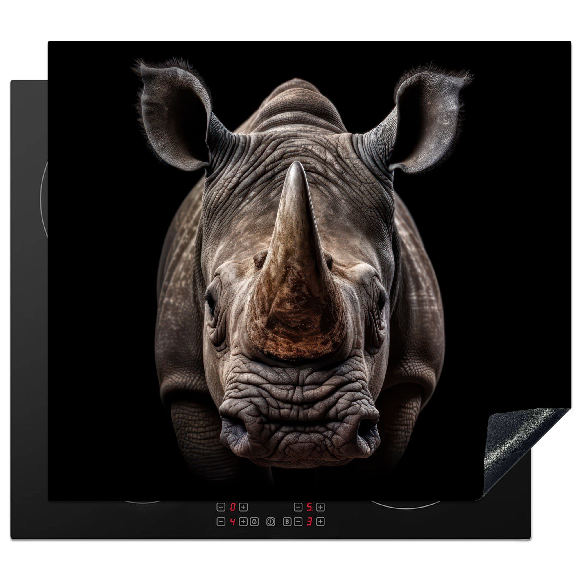 MuchoWow Herdblende-/Abdeckplatte Rhinozeros - Tiere - Porträt - Schwarz, Vinyl, (1 tlg), 60x52 cm, Mobile Arbeitsfläche nutzbar, Ceranfeldabdeckung