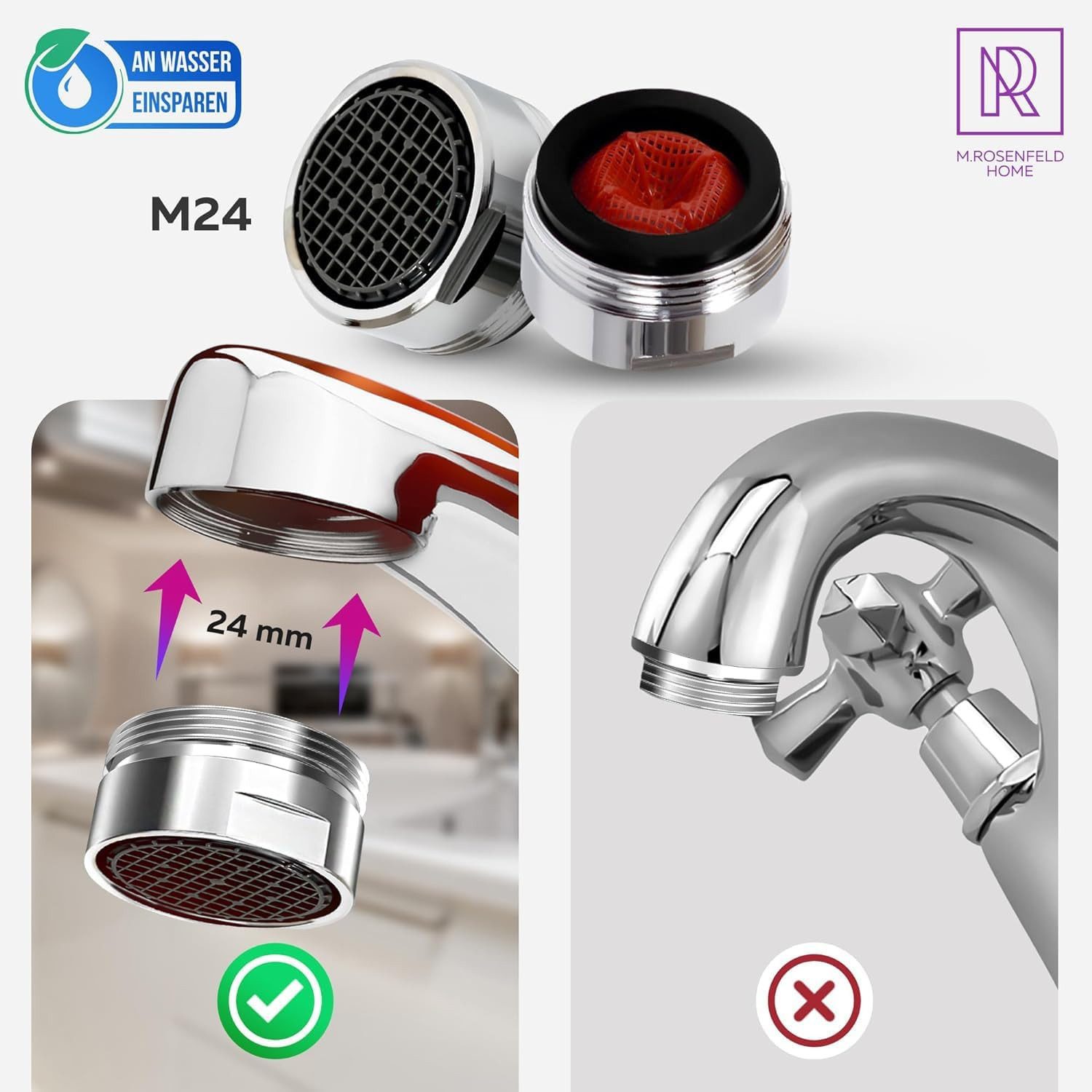 M. Rosenfeld Strahlregler Sehr Wassersparend - M24 Wasserfluss 5l/min -, (High Tech Anti Kalk Wasserhahn Sieb mit Kugelförmige Filter, 4-tlg., Luftsprudler aus Verchromten Messing), - Aufsatz Strahlregler für Wasserhähne