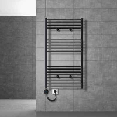 LuxeBath Elektrischer Badheizkörper Designheizkörper Sahara Handtuchwärmer Handtuchtrockner, Schwarz matt 750x1200mm gebogen mit Seitenanschluss