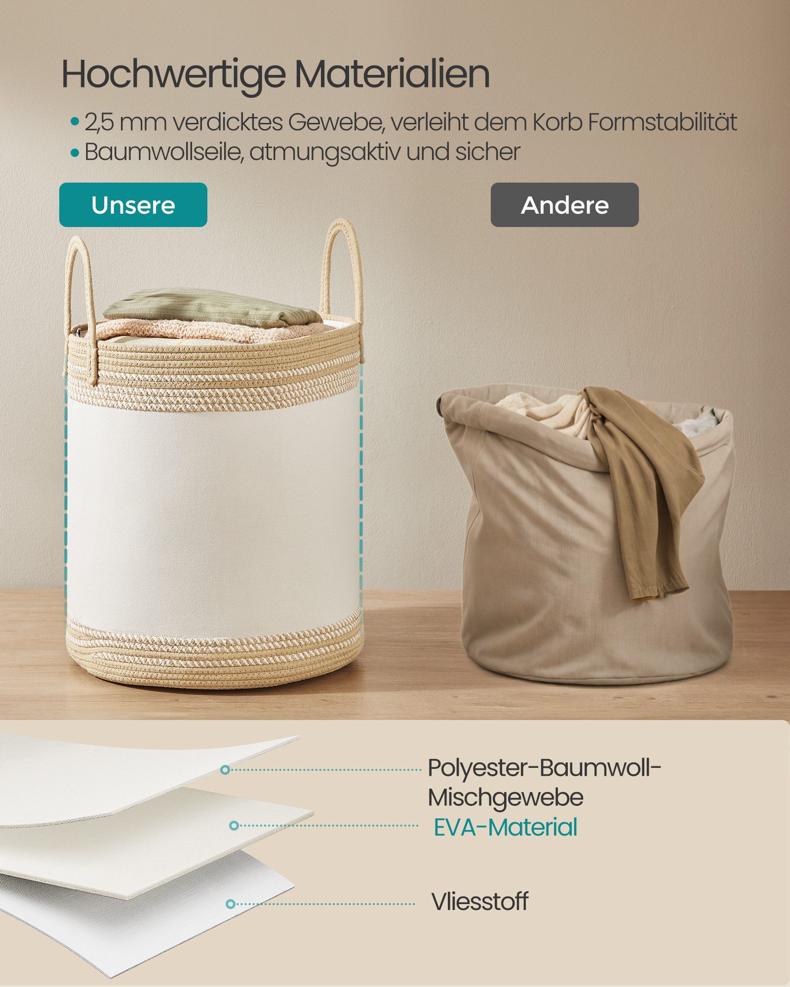 SONGMICS Wäschekorb, Wäschekorb, 60/80/90 L Wäschesammler, Aufbewahrungskorb mit Deckel