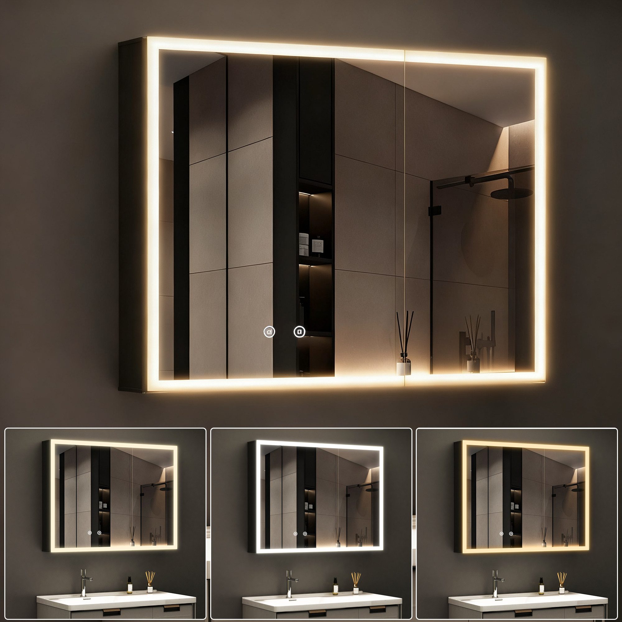 Spiegelschrank Aluminum Badezimmerspiegelschrank 80cm breit mit LED Beleuchtung