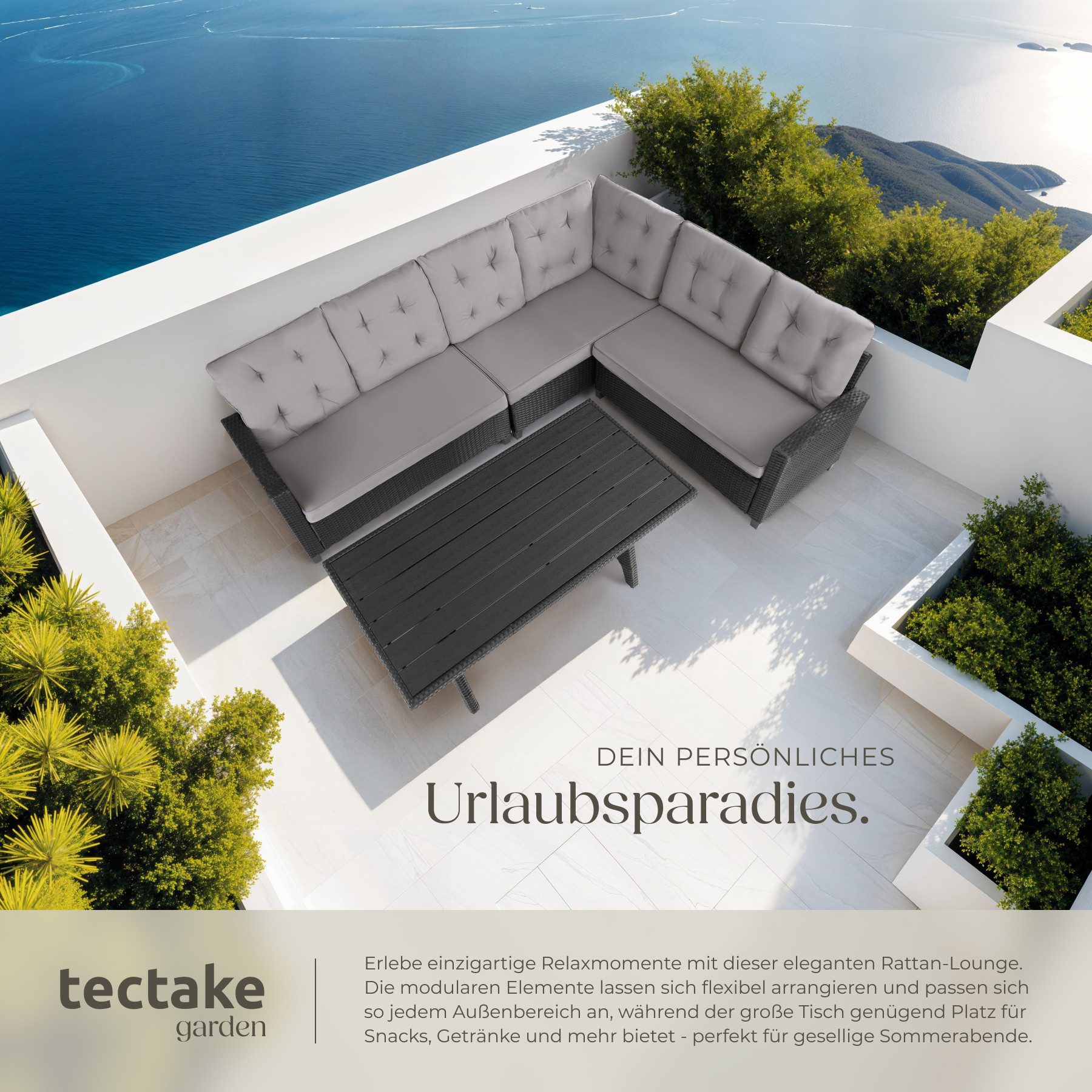tectake Loungeset Rattan Sitzgruppe inkl. Tisch mit Schraubfüßen, für 6 Personen, (Gartenlounge-set Catania, 3-tlg., geeignet für Outdoor in Schwarz), widerstan – Bild 4 von 5