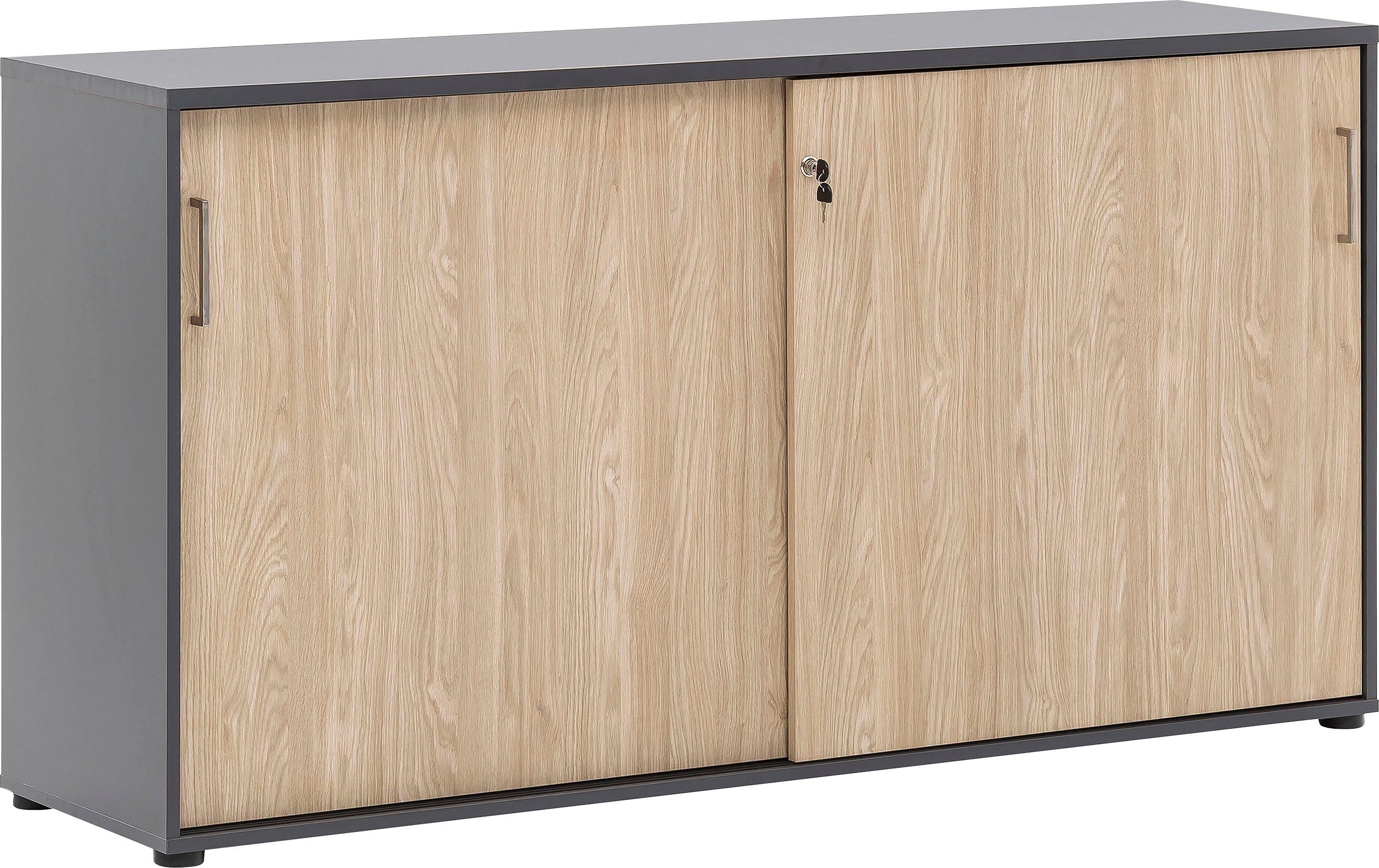 Schildmeyer Aktenschrank Serie 1500 abschließbare Kommode, Maße B160,2 x T41 x H84,2 cm, Made in Germany anthrazit/eichefb. hell | Aktenschränke