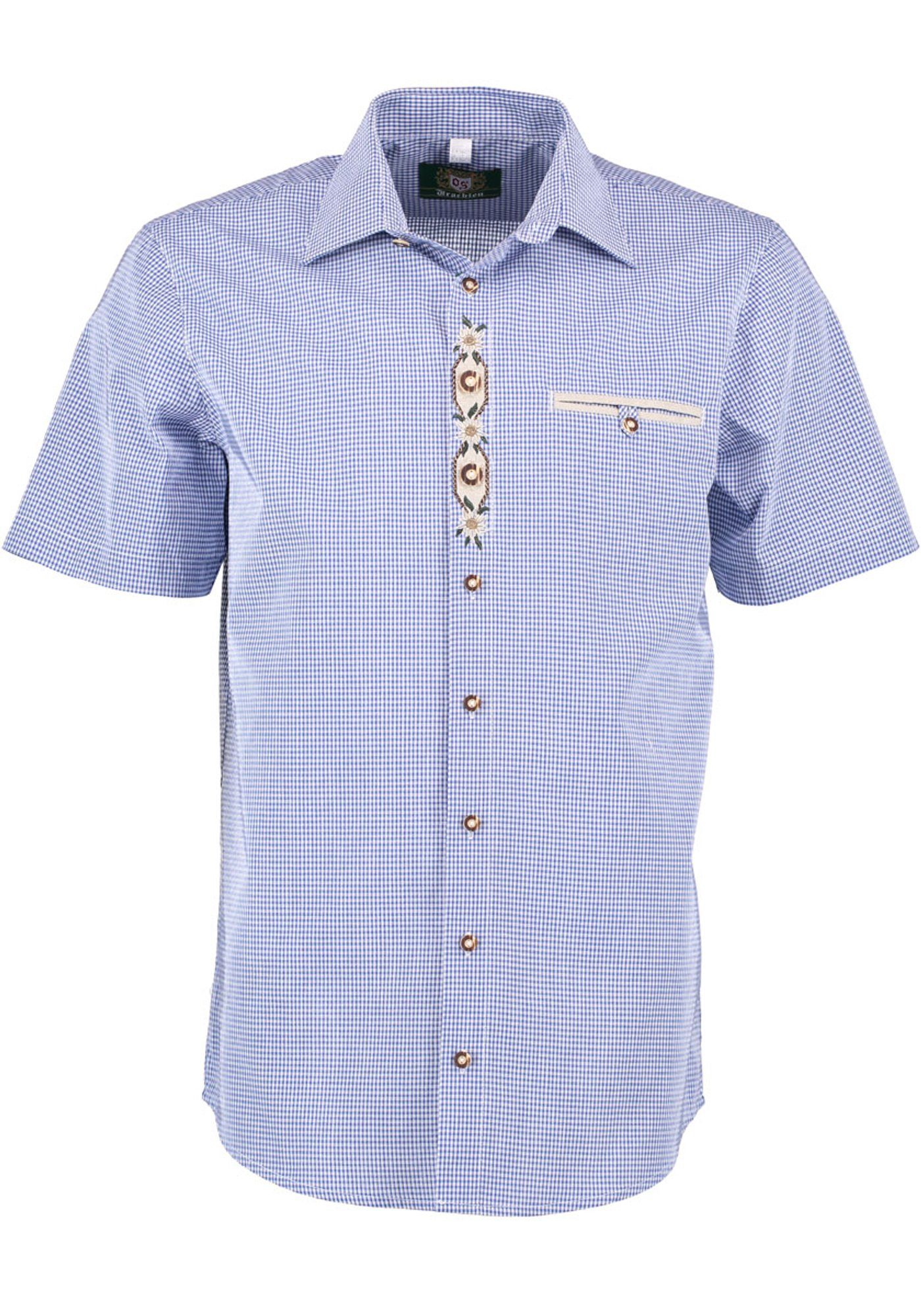 OS-Trachten Trachtenhemd Weonys Paspeltasche, der Knopfleiste Kurzarmhemd mit auf Edelweiß-Stickerei mittelblau