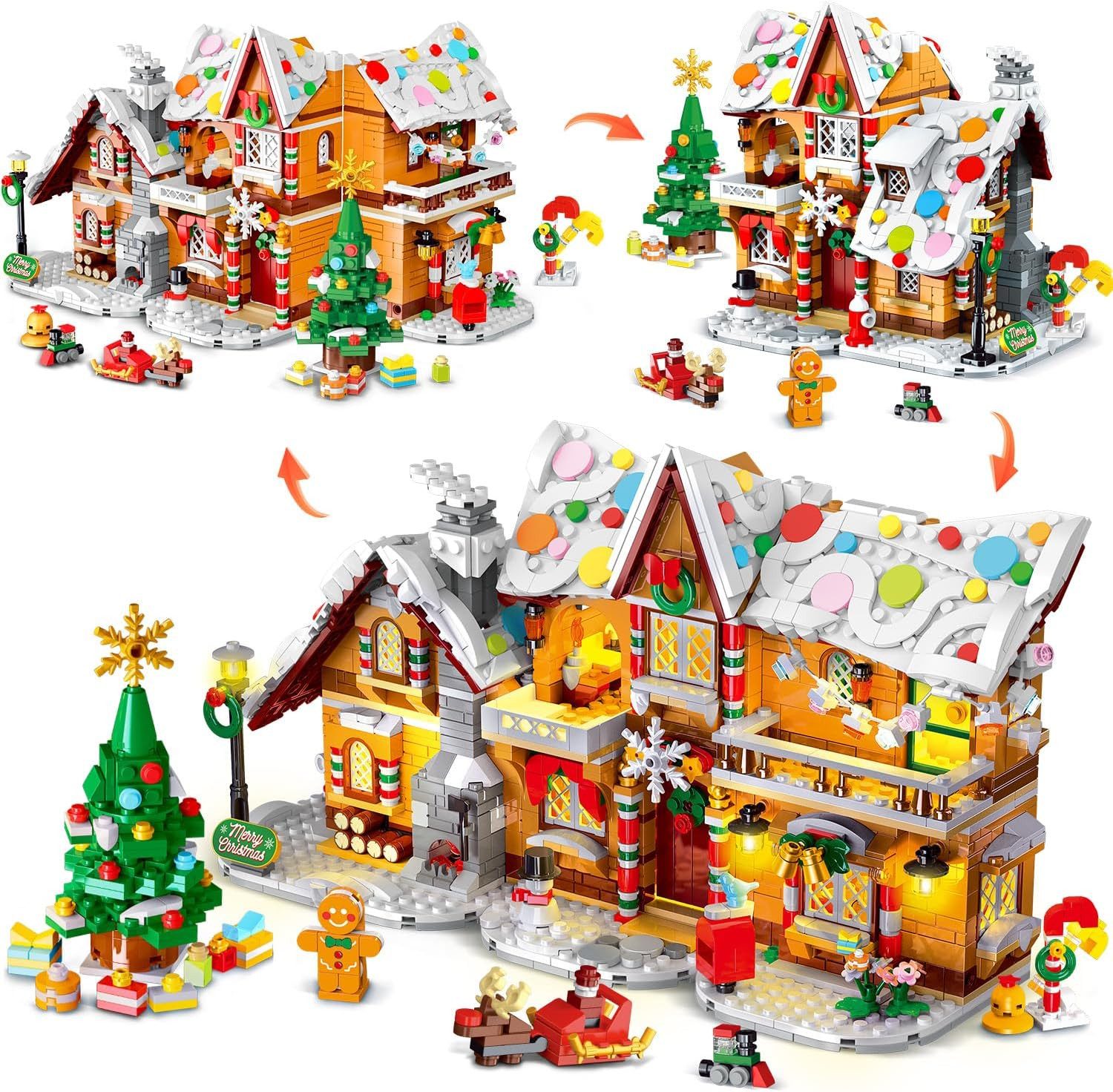 HOGOKIDS 3 Stilmodi Weihnachts Lebkuchenhaus Bausatz mit Licht für Kinder Spielbausteine, (Set, 1477 St., Geschenk Erwachsene Mädchen Jungen), 2026 Weihnachtsdorf Klemmbausteine mit Weihnachtsmann & Weihnachtszug