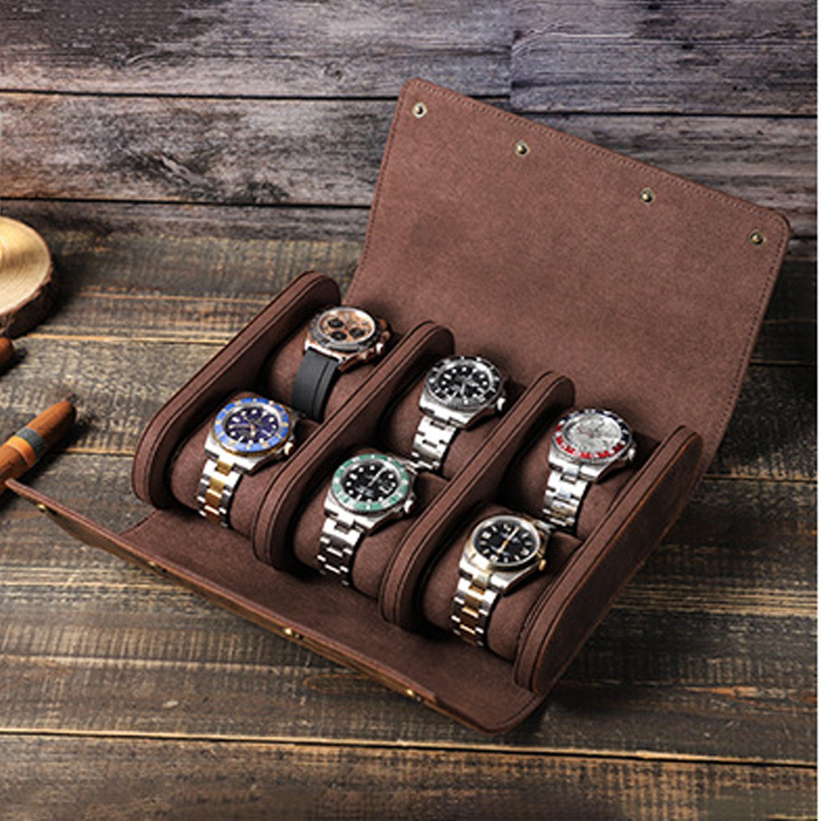 YUBRO-STUDIO Uhrenetui Uhrenbox 6 Steckplätze Reise Uhren Aufbewahrungsbox Echtes Leder