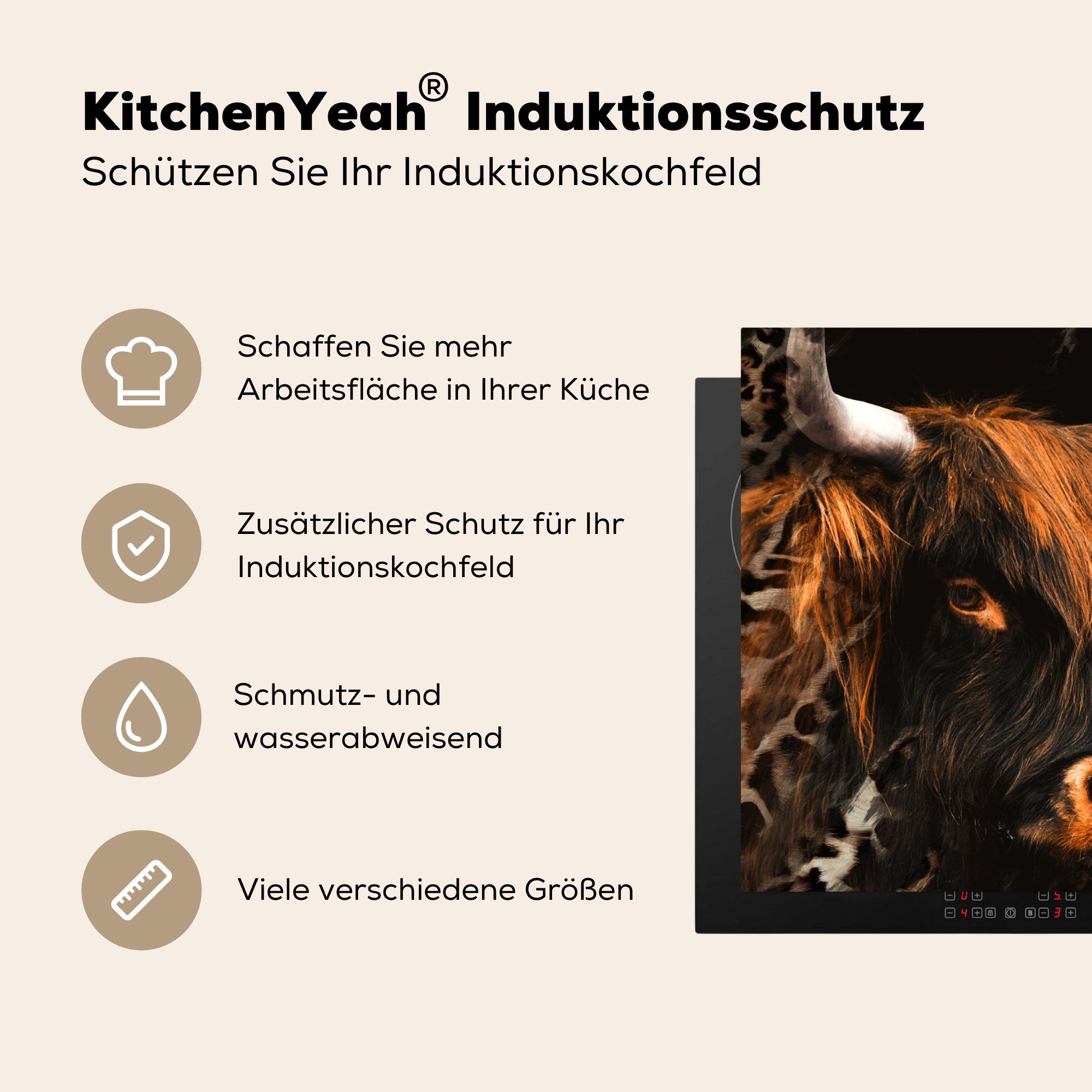 59x52 Spiel, Highlander küche, Ceranfeldabdeckung Induktionsmatte cm, Schottischer Vinyl, (1 MuchoWow die Tier tlg), - für Herdblende-/Abdeckplatte -