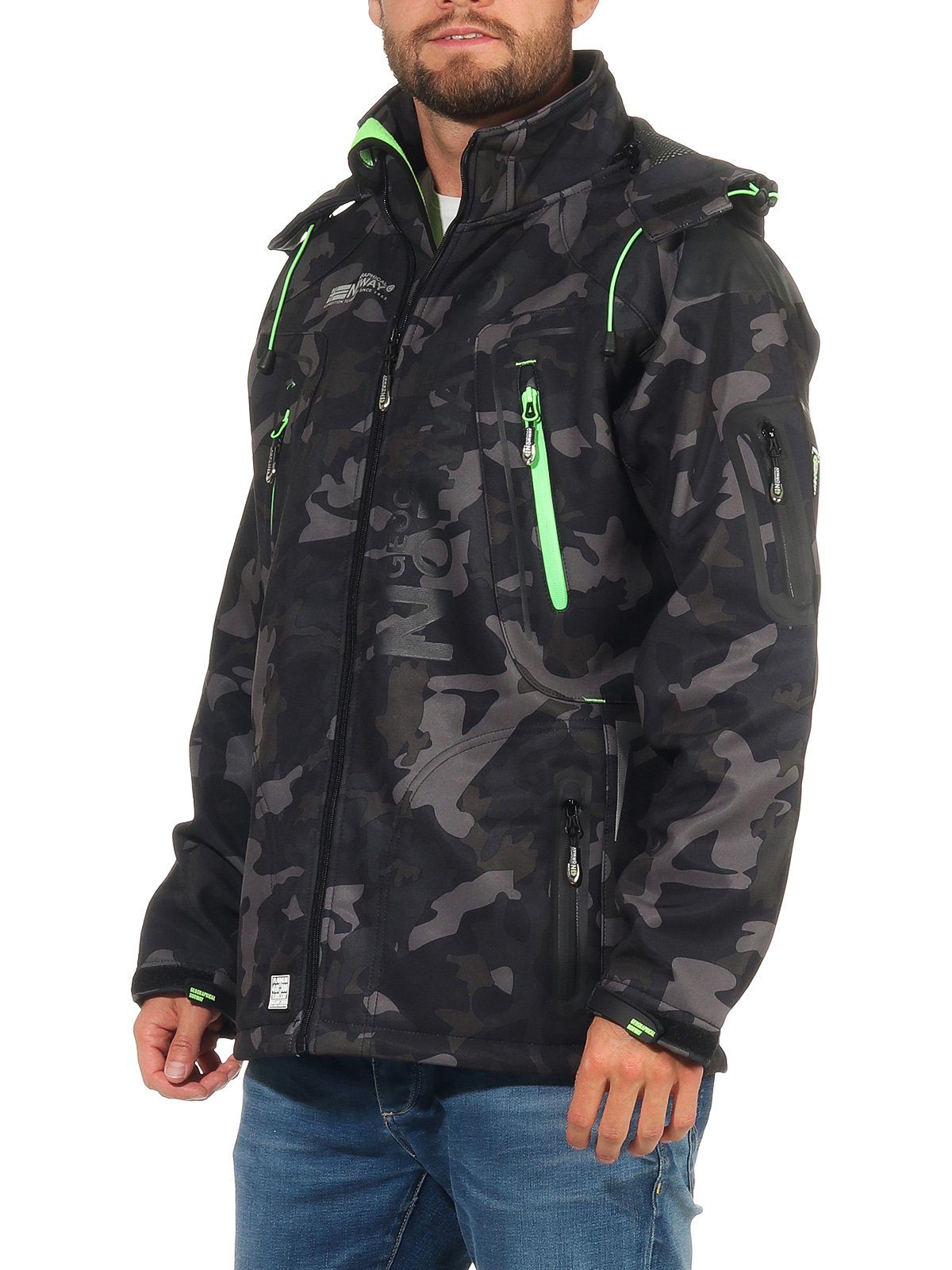 Geographical Norway Softshelljacke Herren Softshell Wander Sport Übergangsjacke Trekking Jacke in Unifarbe, mit abnehmbarer Kapuze, mit Stehkragen