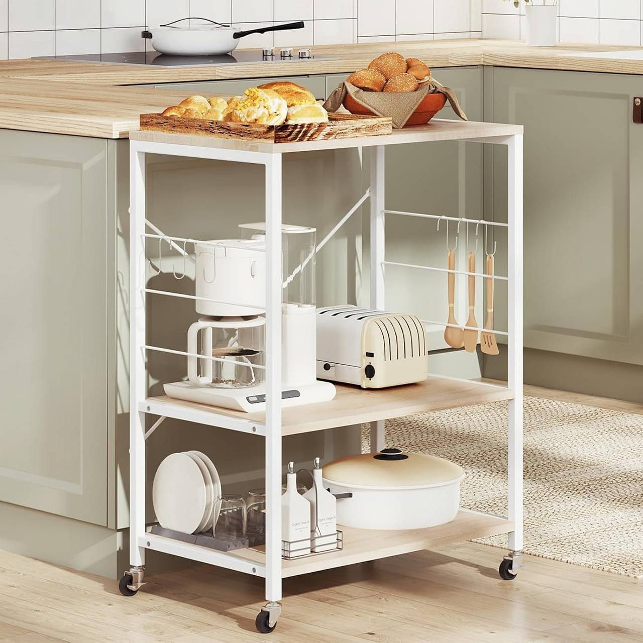 Woltu Küchenregal, 1-tlg., mit Rollen, 6 Ablagen, 4 Haken, Metallrahmen, 60 günstig online kaufen