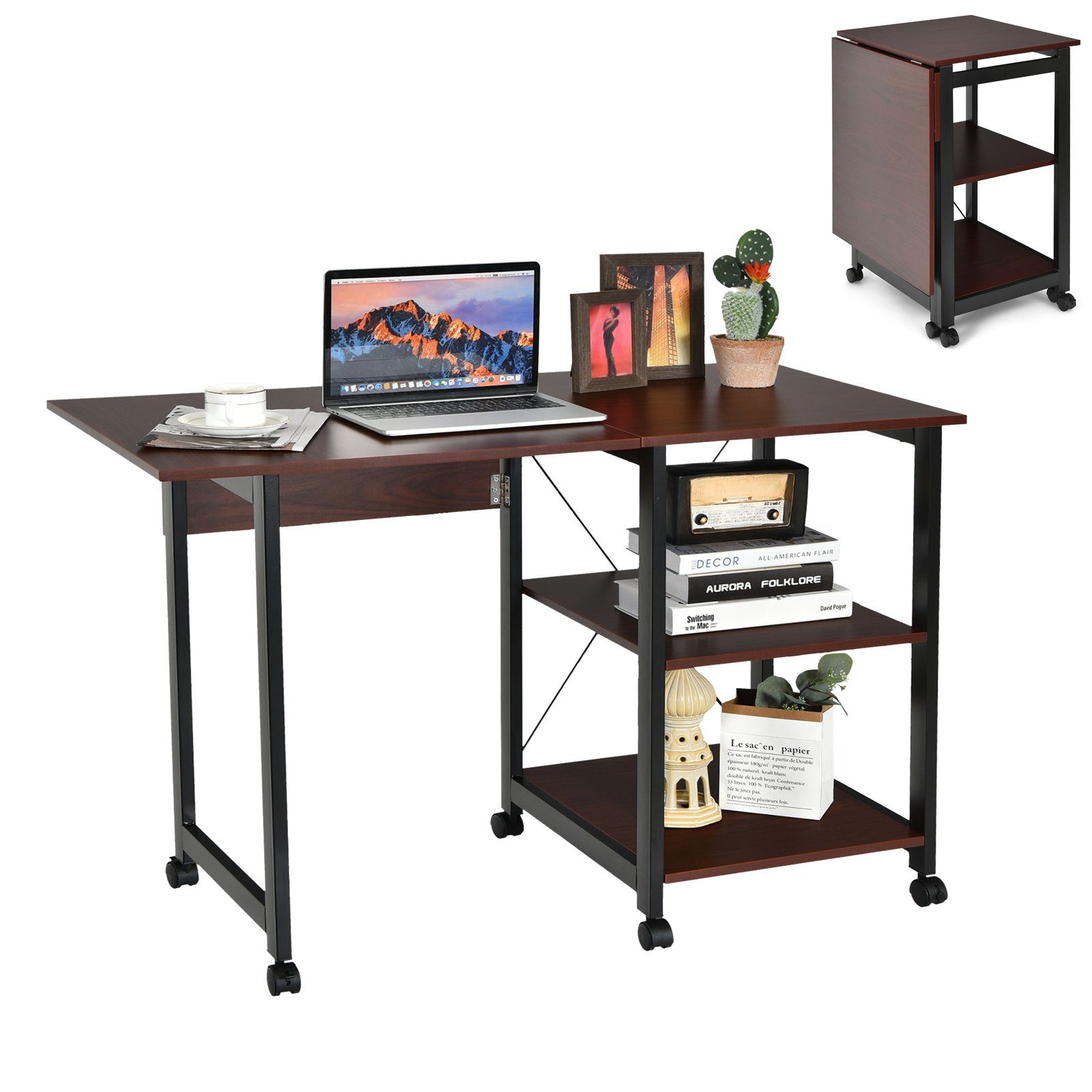 COSTWAY Computertisch »Schreibtisch«, klappbar, mit 6 Rädern & abnehmbarem  Aufbawahrungsregal, 2-stufigen Ablagefächern online kaufen | OTTO