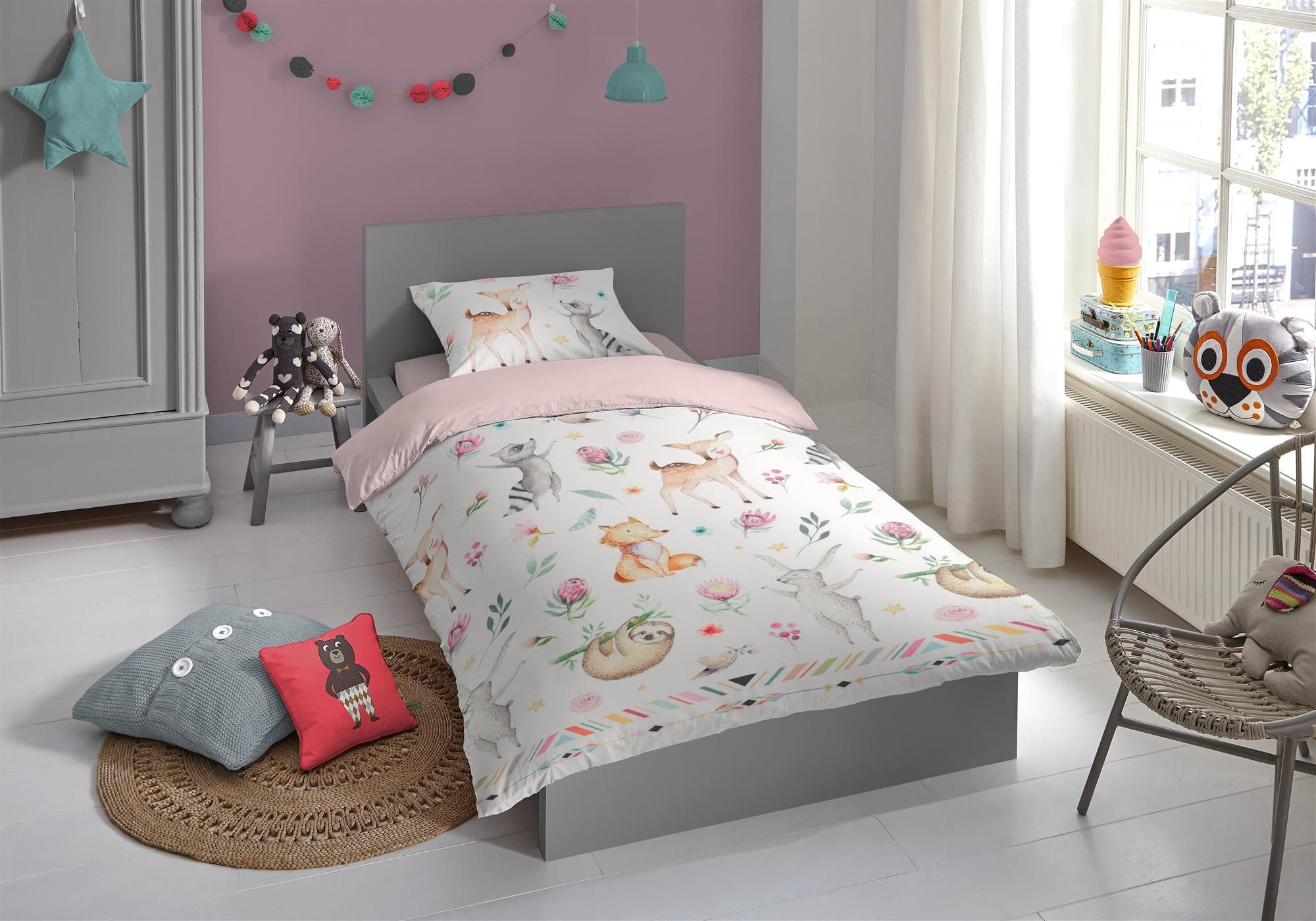 soma Bettwäsche kinderbettwäsche Waldtiere 135x200 80x80cm Tiere bettwäsche 135x200, Baumwolle, 2 teilig, Kinder Bettwäsche Set 135x200 mädchen rosa pastell Renforce sale