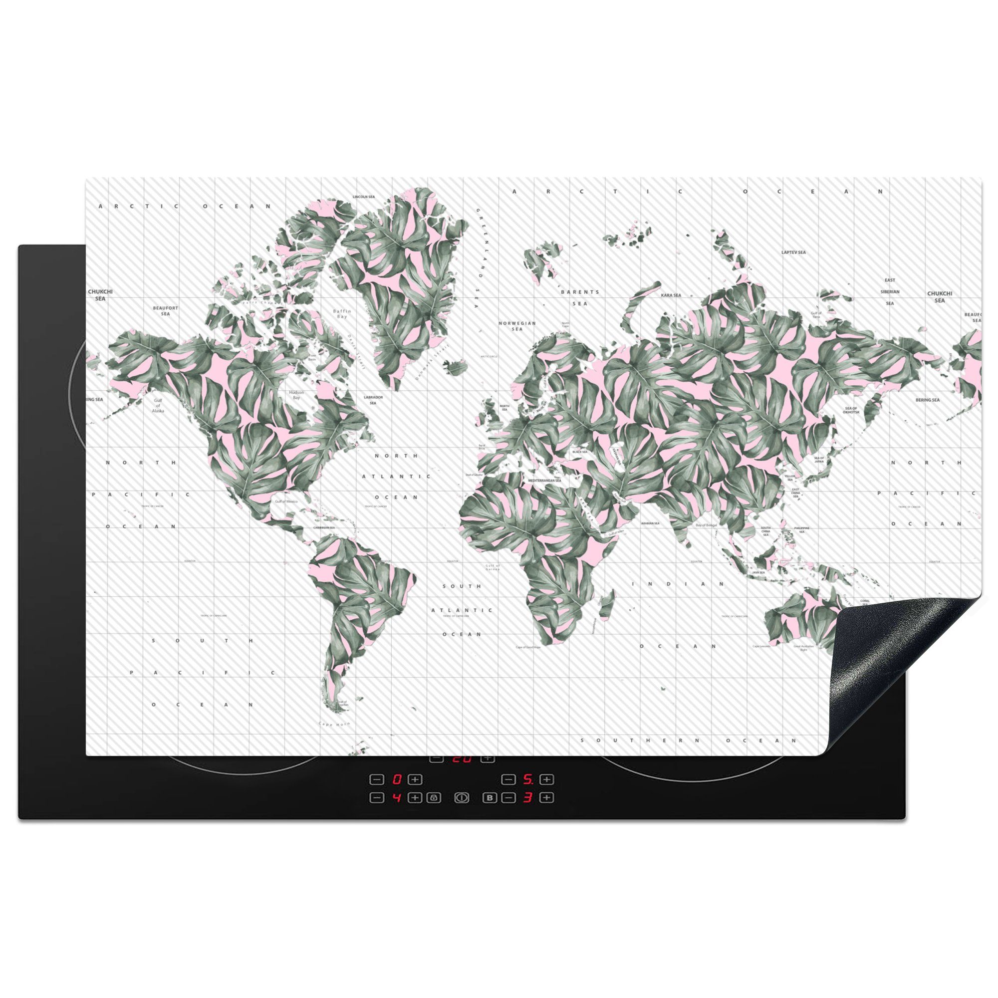 Weltkarte die Herdblende-/Abdeckplatte für küche, Ceranfeldabdeckung Pflanzen Schutz Vinyl, 81x52 Induktionskochfeld (1 - - tlg), cm, MuchoWow Rosa,