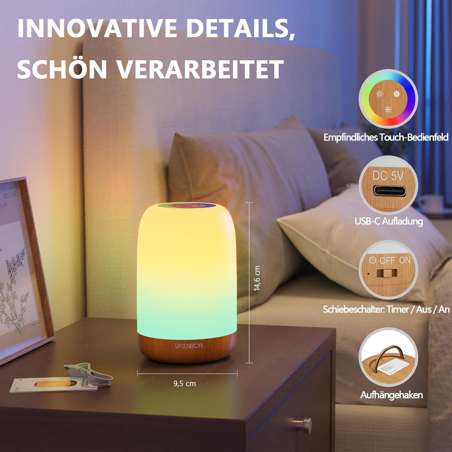 Luckice LED Nachtlicht Touch Dimmbar mit 256 RGB Farben & 4 Modi, Tischlampe Kabellos mit Timer & Haken, USB Aufladbar, Holzmaserung, Tragbares Nachtlicht für S – Bild 2 von 5