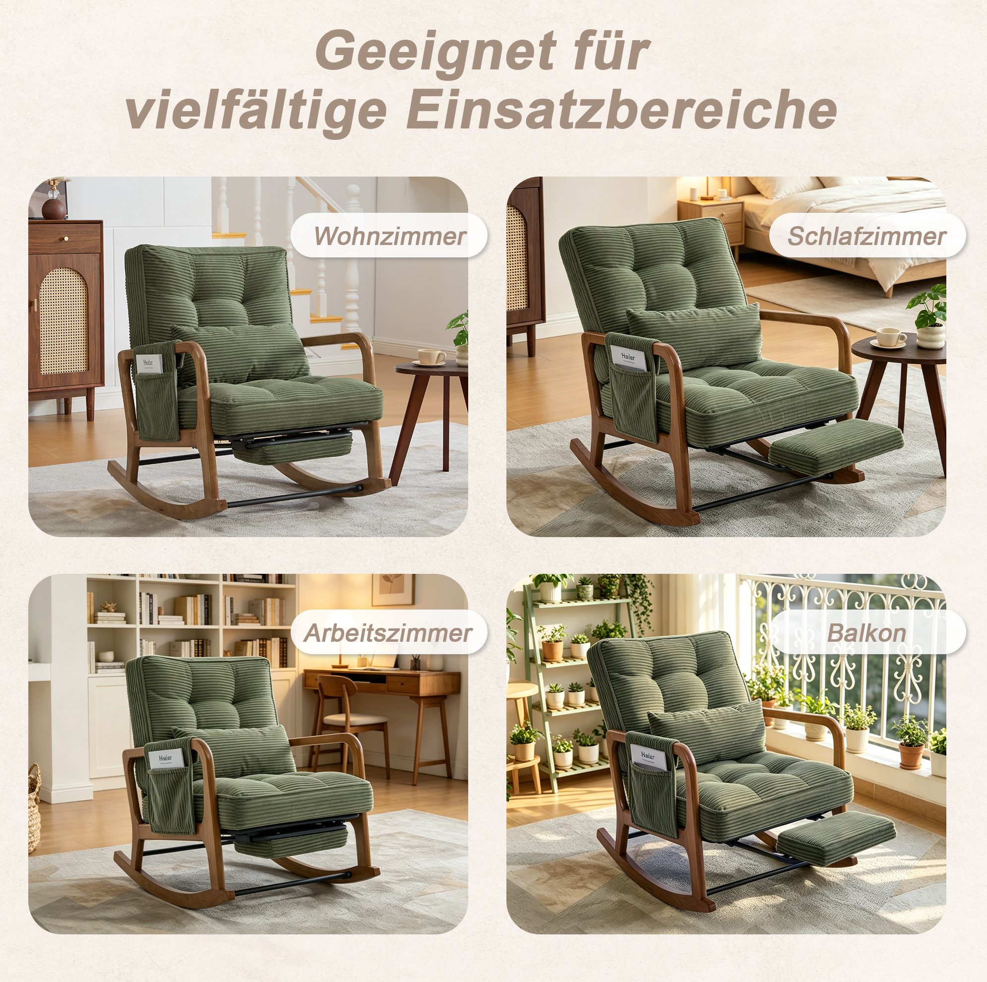 REDOM Loungesessel Schaukelstuhl mit verstellbarer Lehne & Fußstütze (Cord Sessel mit Lendenkissen, Seitentaschen & weichem Polster), Polsterstuhl Relaxsessel