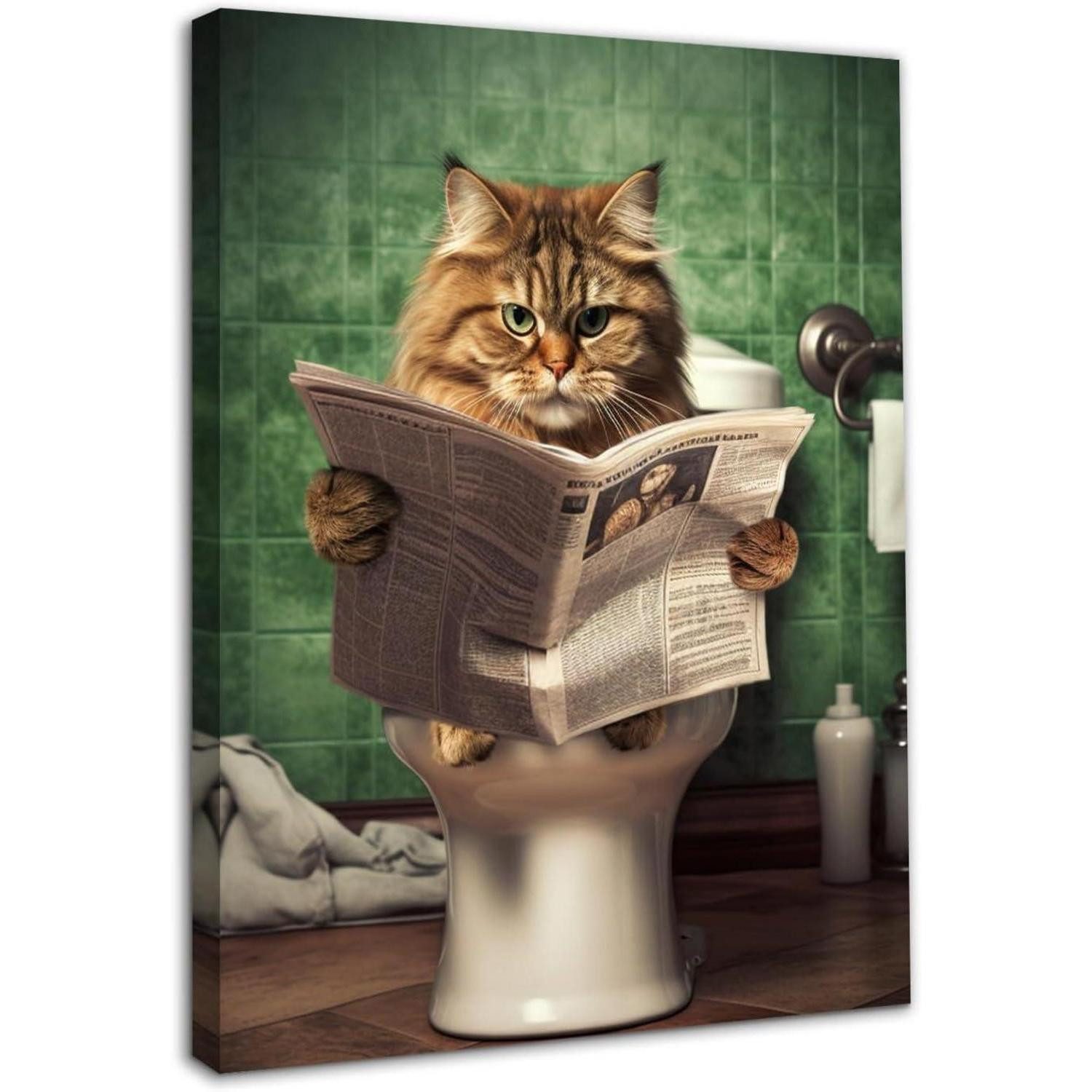 LuxusKollektion Bild mit Rahmen Leinwand Katze Toilette Zeitung Badezimmer Dekor Grün, (1 St)