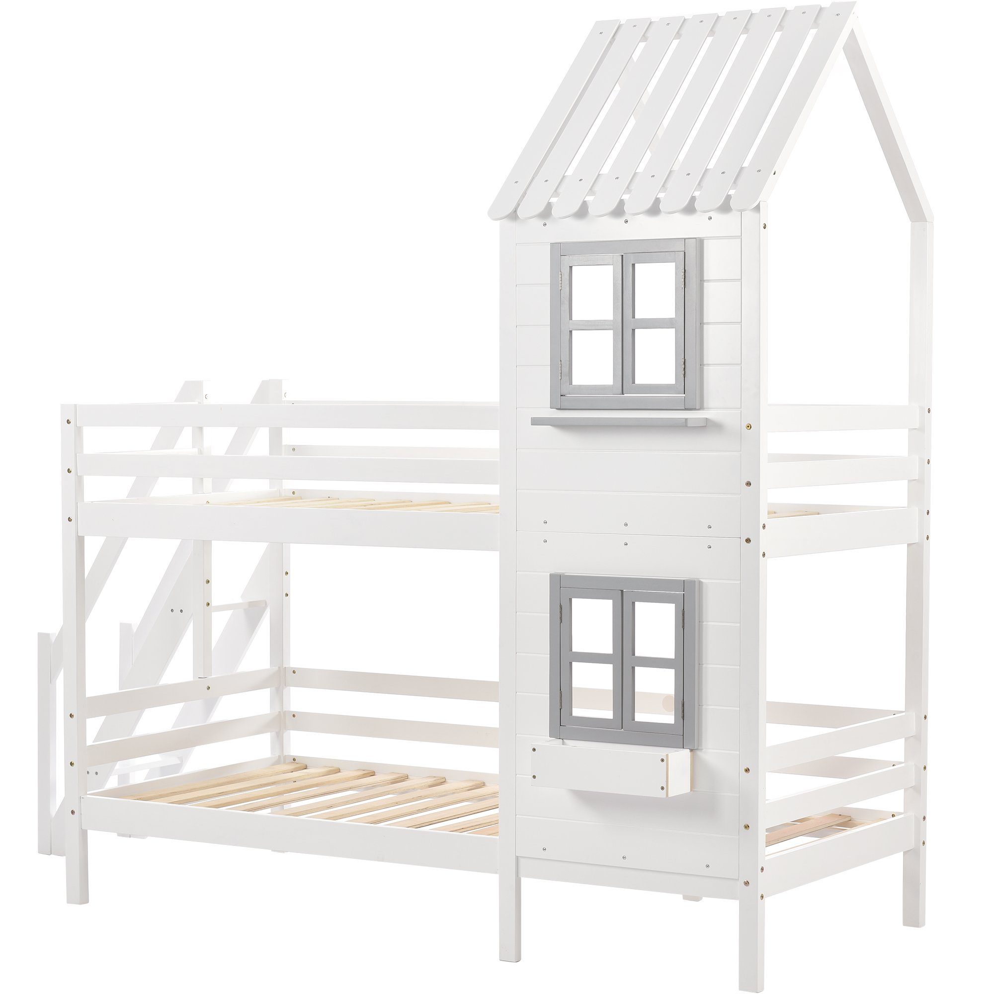 Etagenbett (Hochbett Kinderbett 90x200 cm), inklusive Trittleiter und Rundum-Absturzschutz, Kiefer