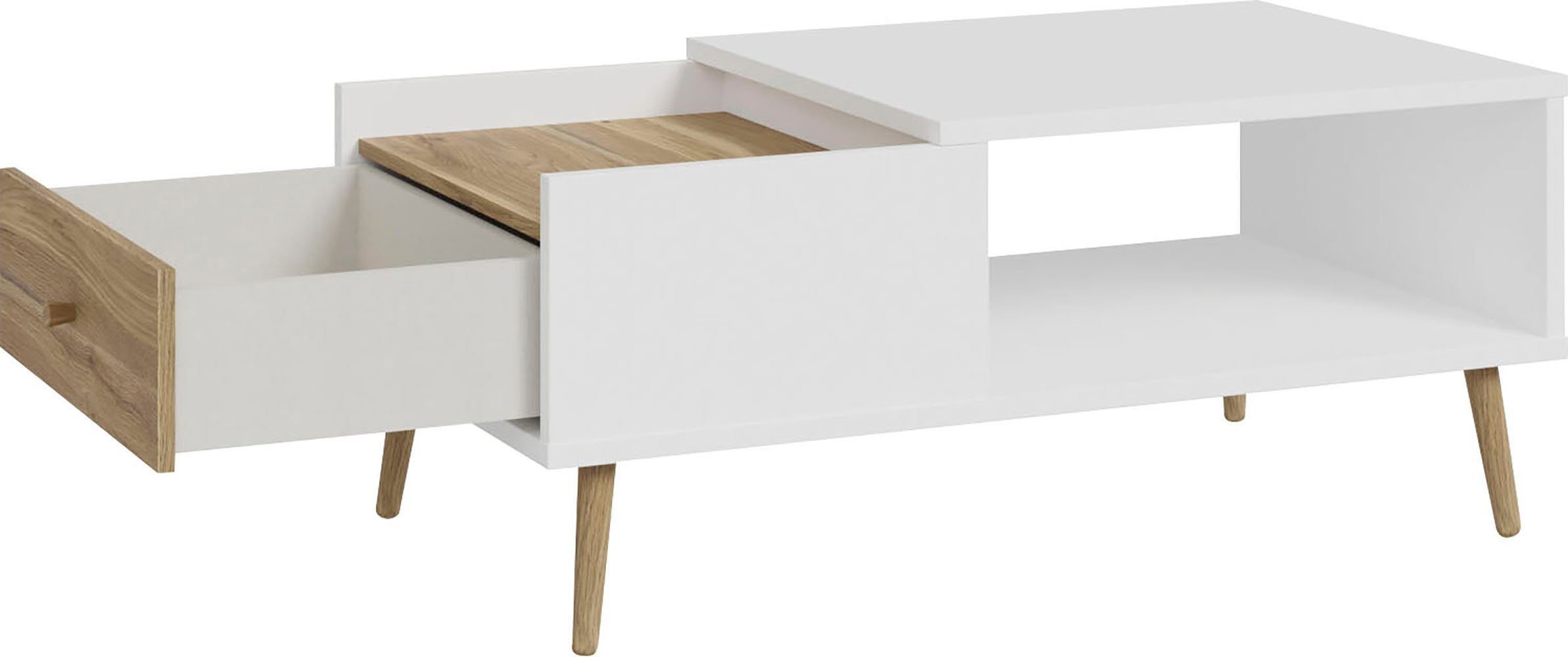 Couchtisch Harllson, Schublade, Fach, Weiß / Mauvella Eiche Dekor - 106x45,4x59,8cm (BxHxT)