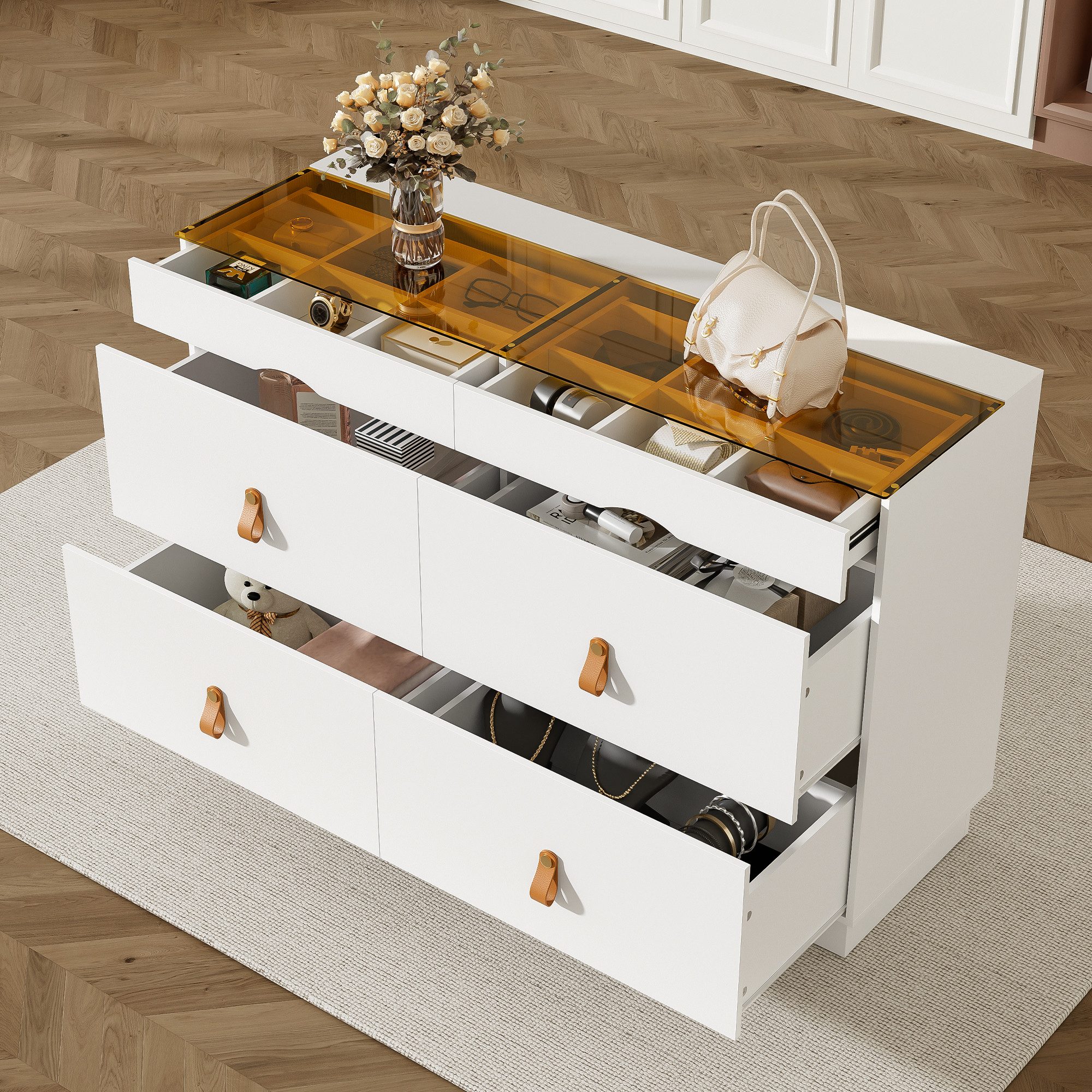 Flieks Kommode mit Glas-Arbeitsplatte, 6 Schubladen und Kunstledergriffen (1 St., B120/T40/H78 cm), Mehrzweckschrank Schmuckschrank Holzschrank Weiß