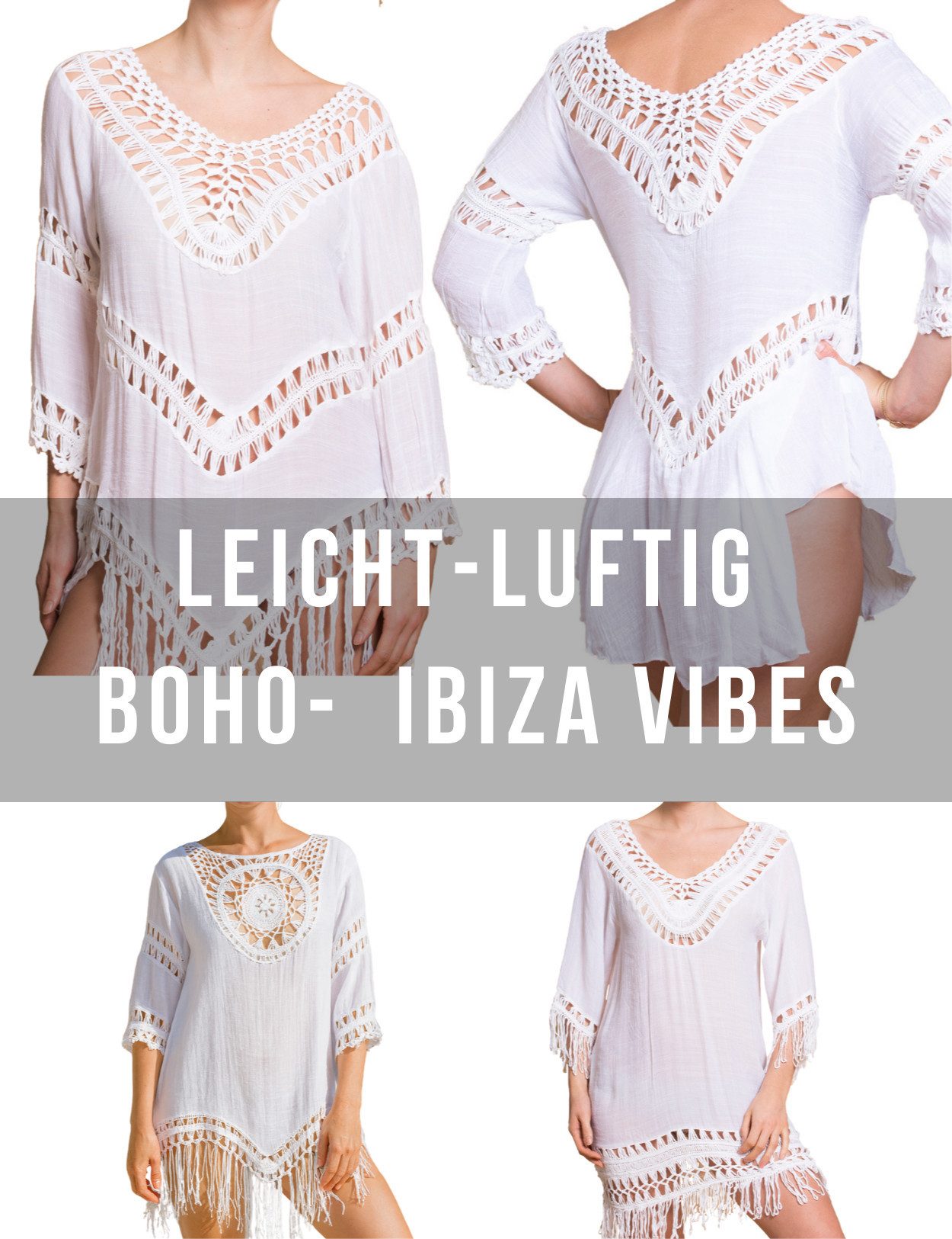 PANASIAM Tunikakleid Tunika Ibiza aus feiner Baumwolle Strandtunika Onesize passt bis Gr. L Tunikakleid in Häkeloptik Longshirt für besondere Anlässe